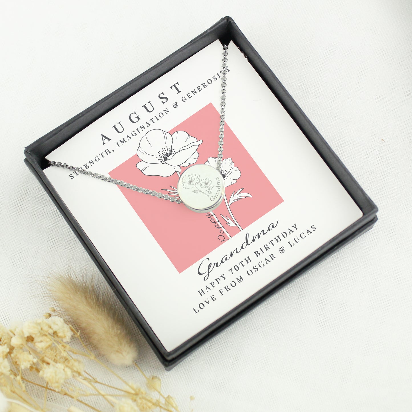 Floral necklace in a gift box with personalised message