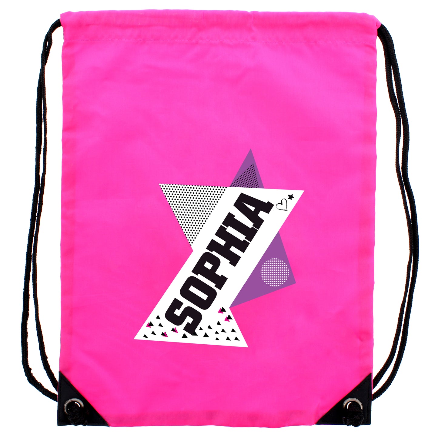 Pink drawstring bag with 'SOPHIA' design on a white background