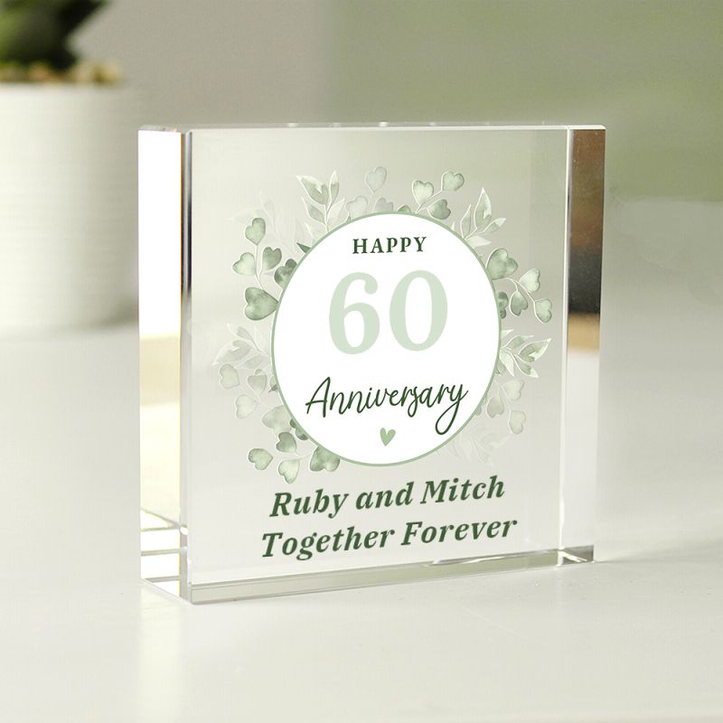 Clear anniversary plaque with 'Happy 60 Anniversary Ruby and Mitch Together Forever' text