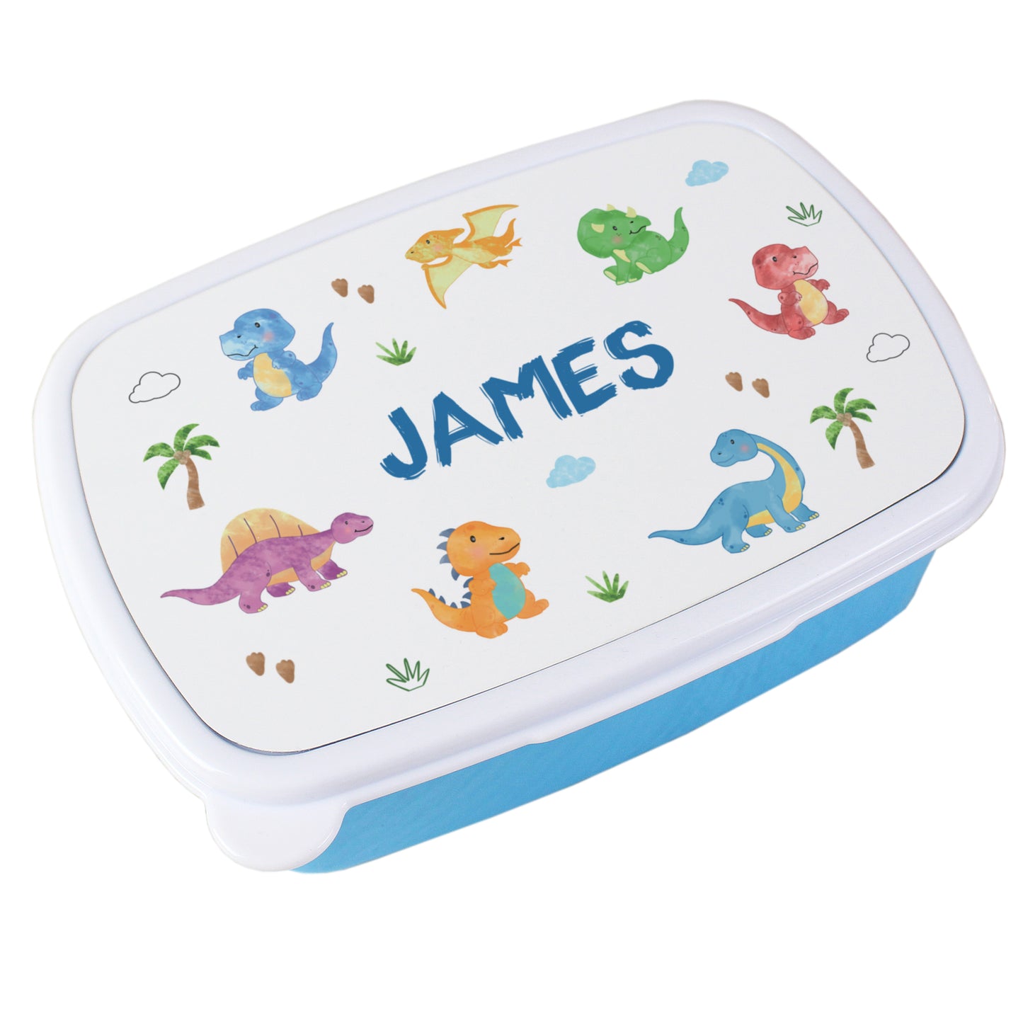 Children's lunch box with dinosaur illustrations and the name 'James' on a white background