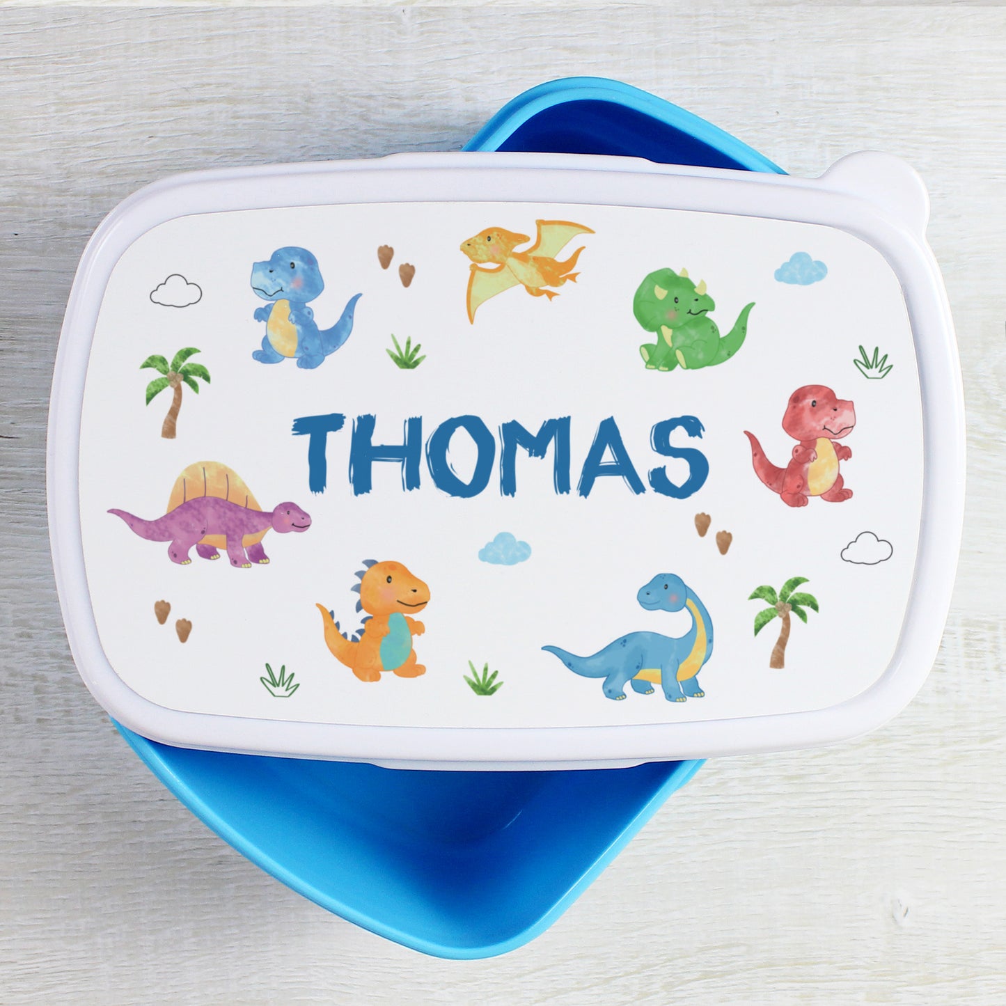 Children's lunch box with dinosaur illustrations and the name 'THOMAS' on a light grey background