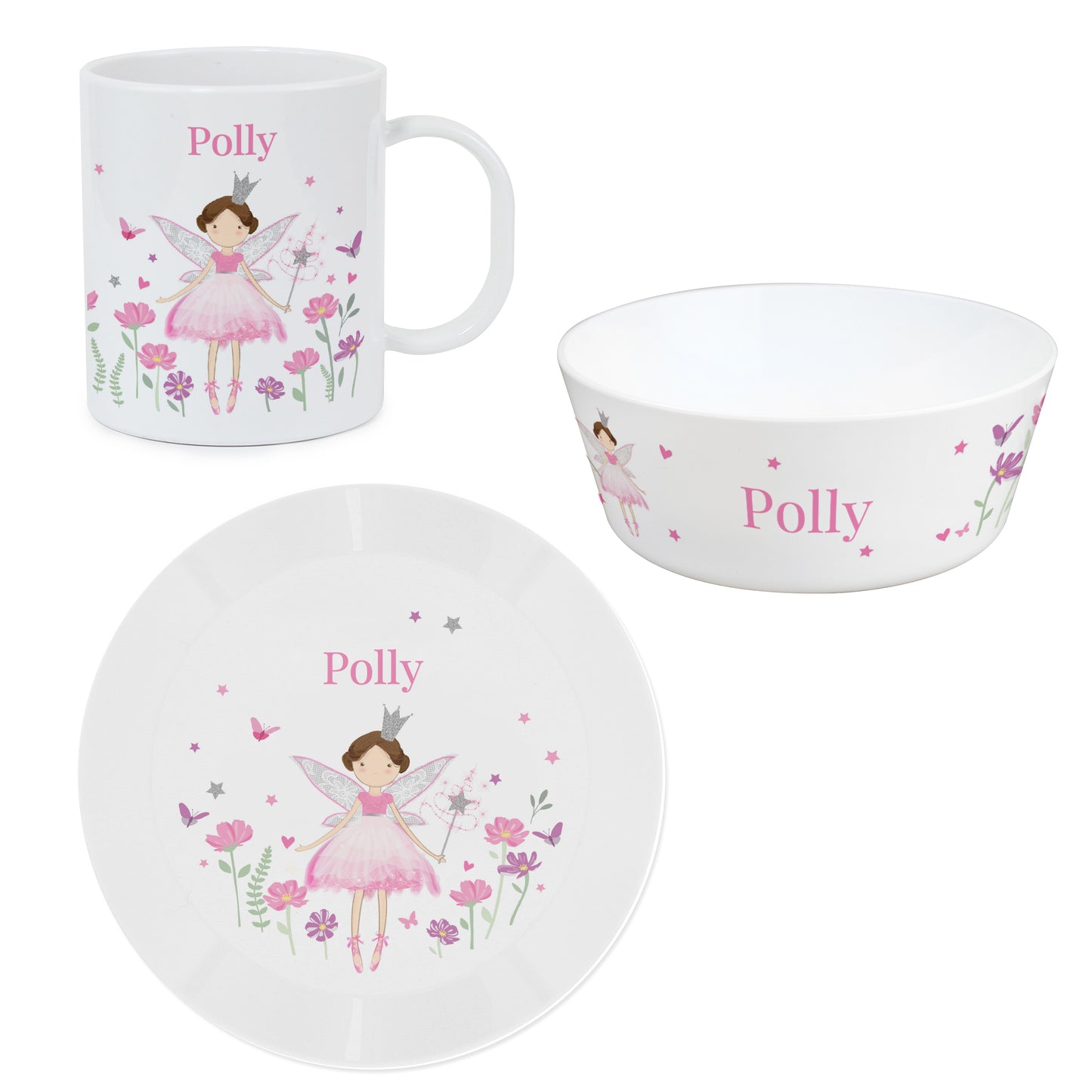 Children's ceramic set with mug, bowl, and plate featuring a fairy design and the name 'Polly'.