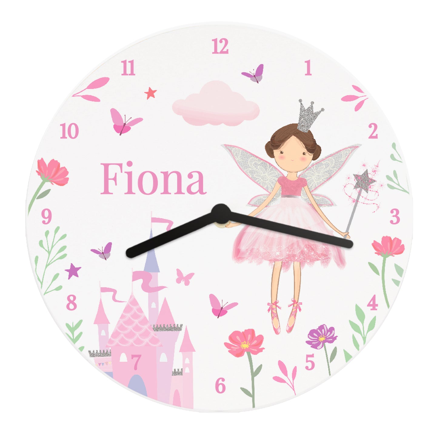 Children's wall clock with fairy design and name 'Fiona' on a white background