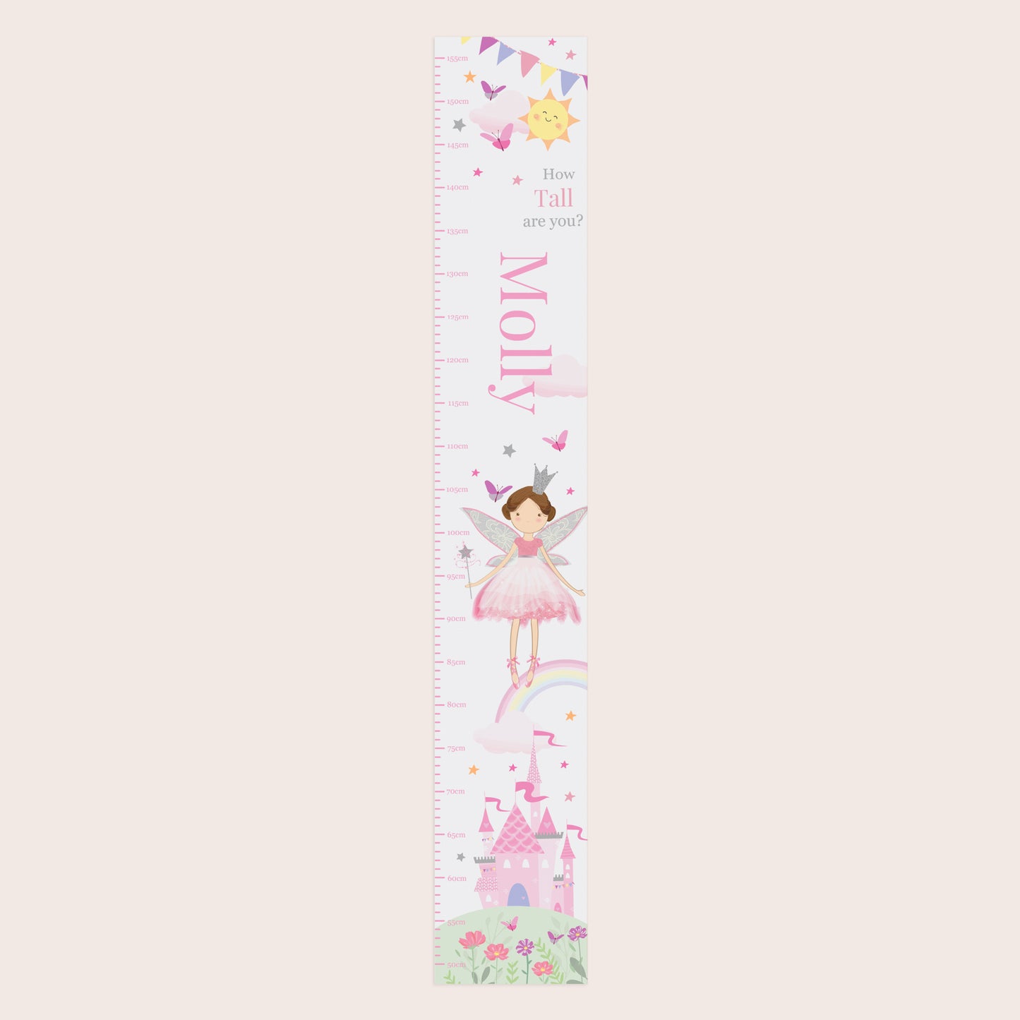 Children's growth chart with fairy design on a light pink background
