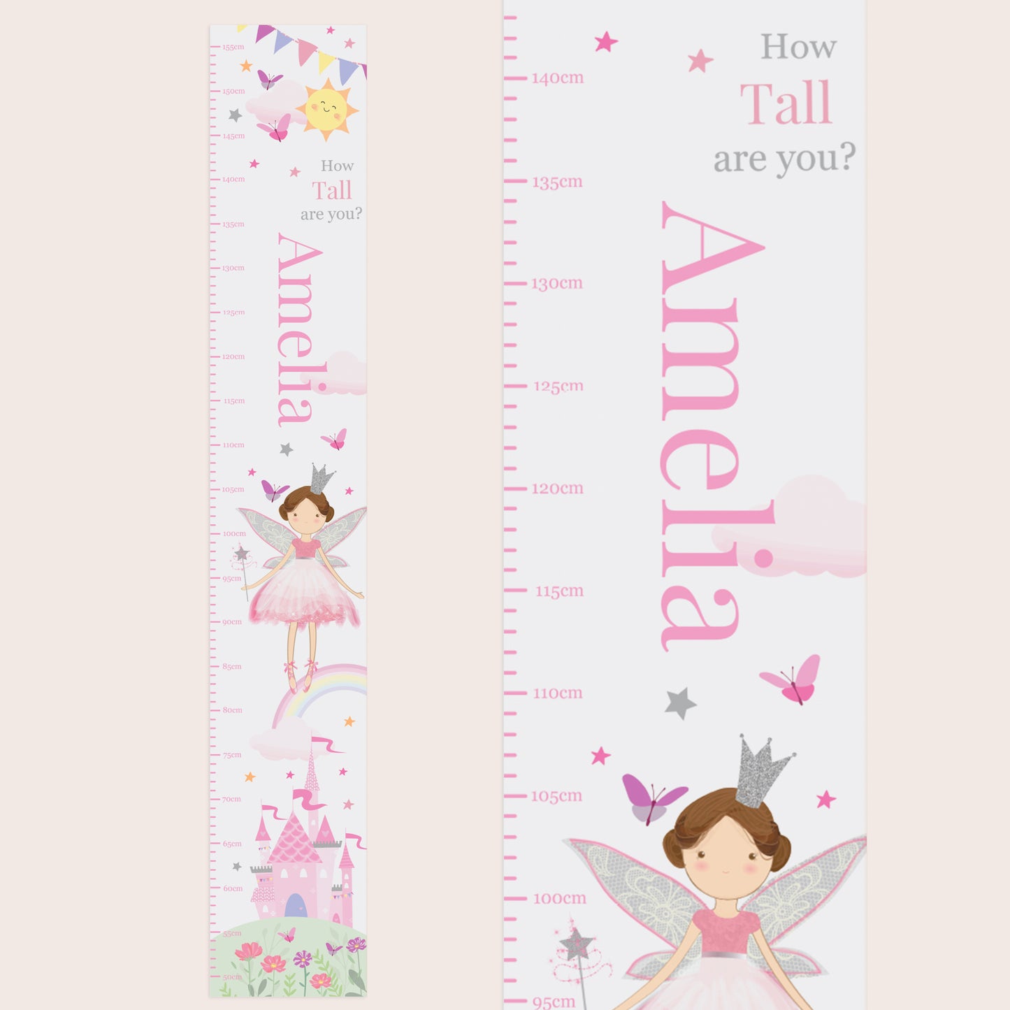 Personalised growth chart with fairy design and name 'Amelia' on a light pink background.