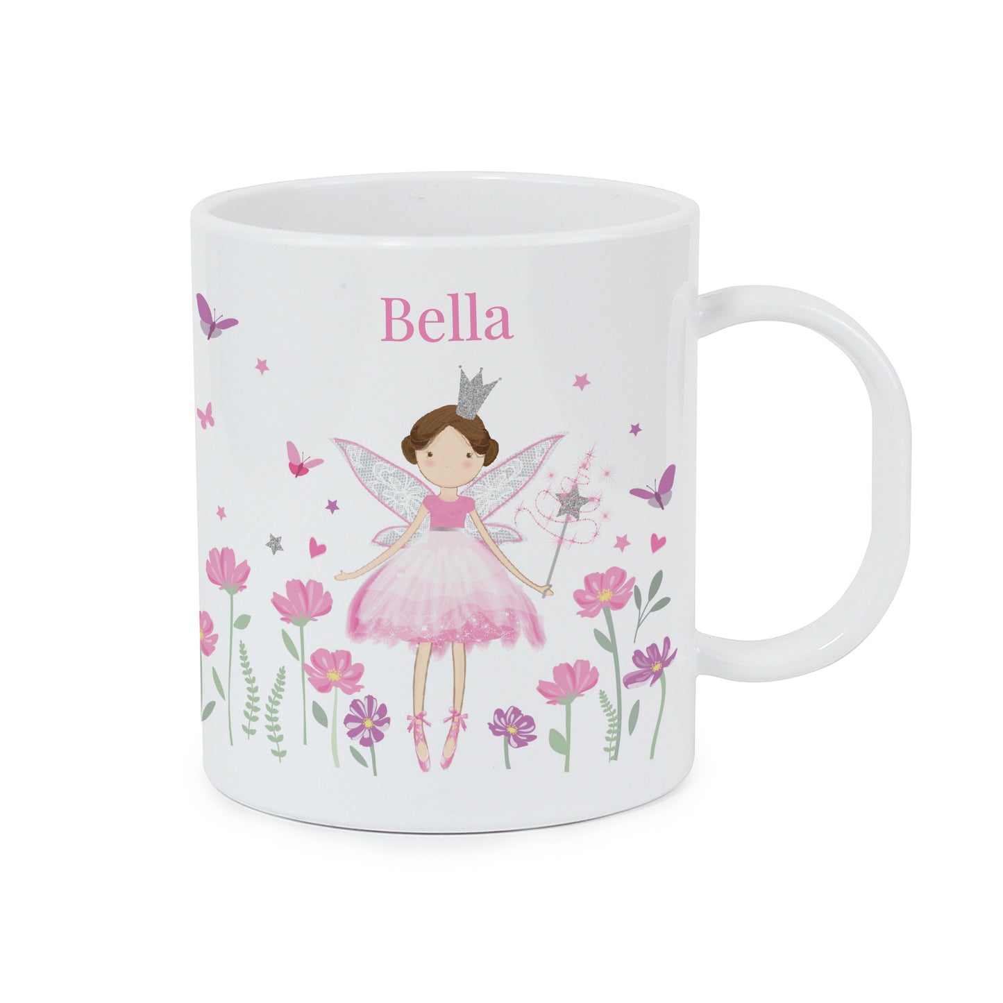 White mug with fairy design and 'Bella' text on a white background