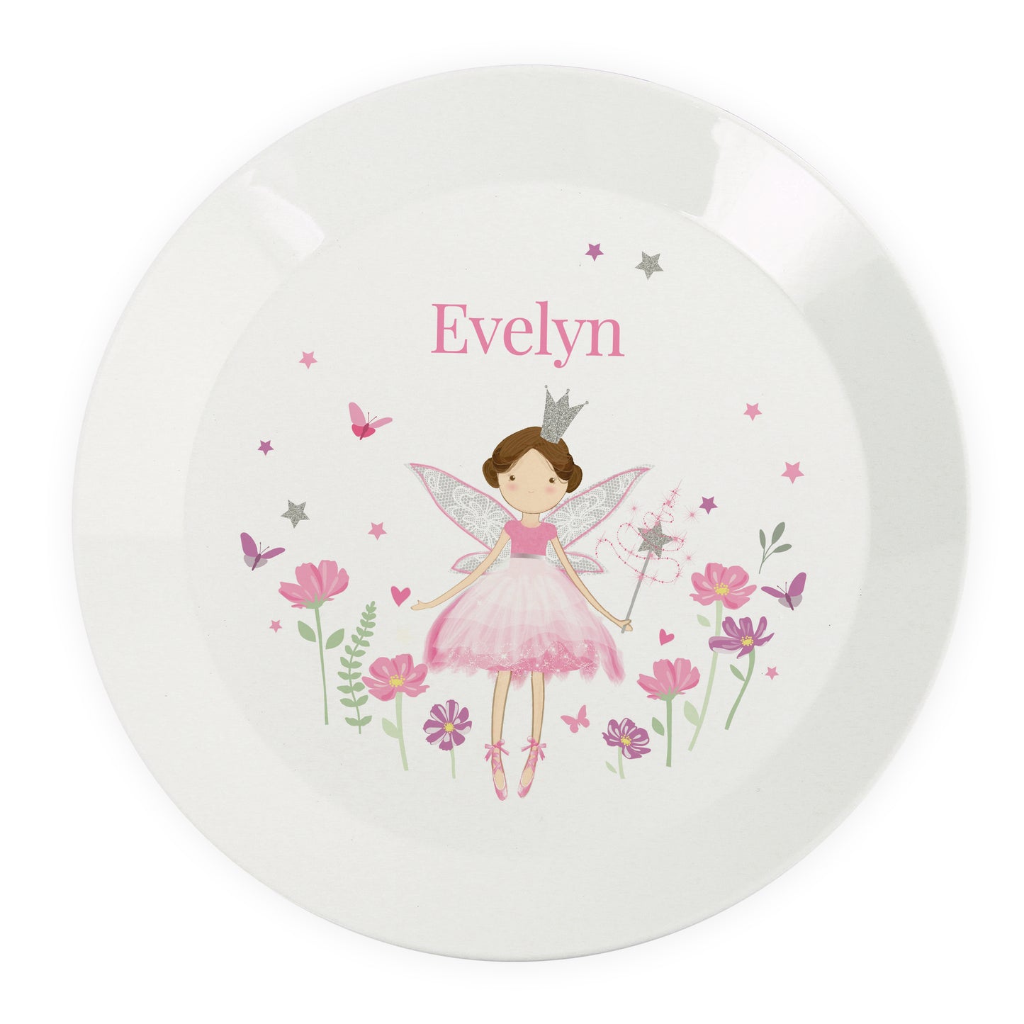 Round plate with a fairy design and the name 'Evelyn' on a white background