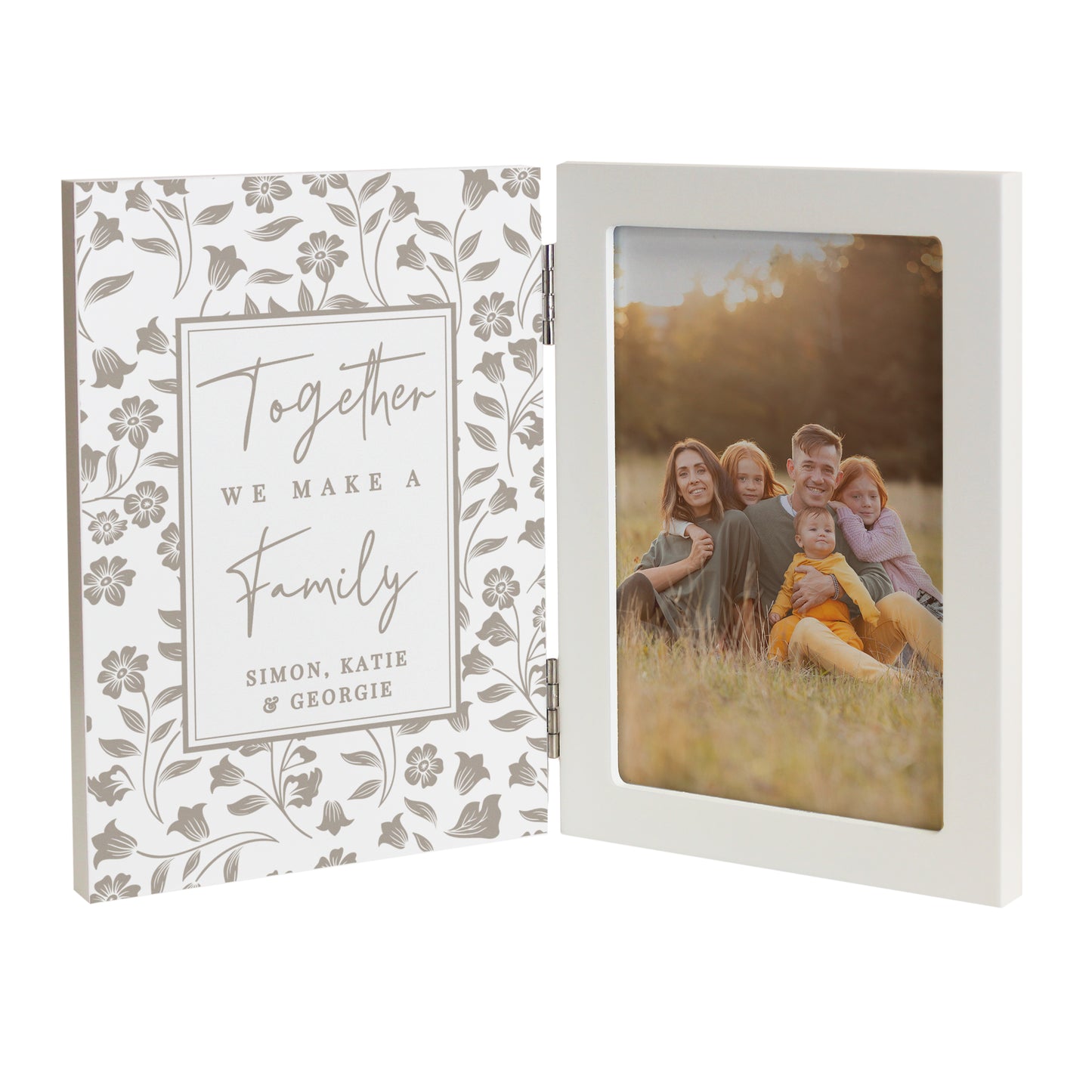 Hinged photo frame with floral design on one side and family photo on the other, featuring text 'Together we make a family'.