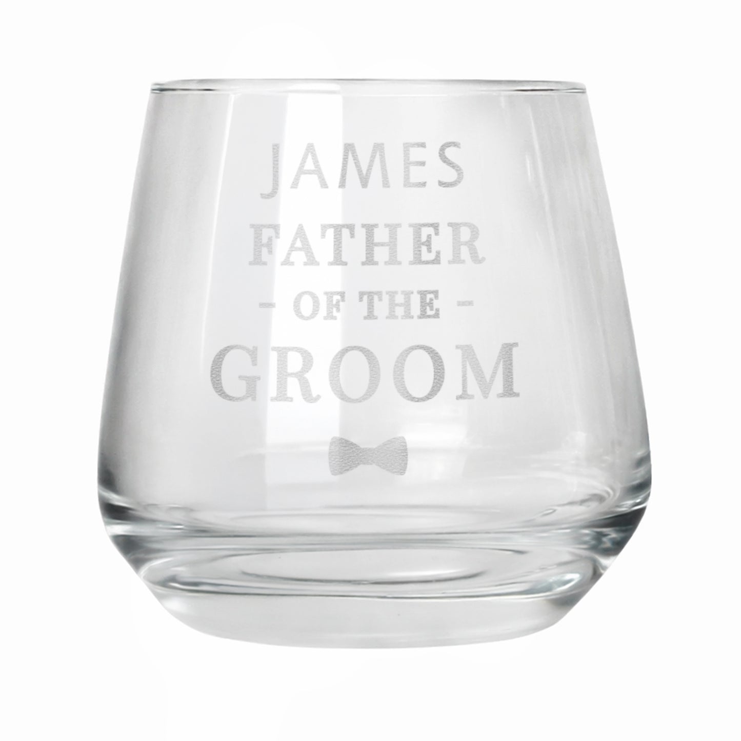 Clear glass with engraved text 'James Father of the Groom' on a white background