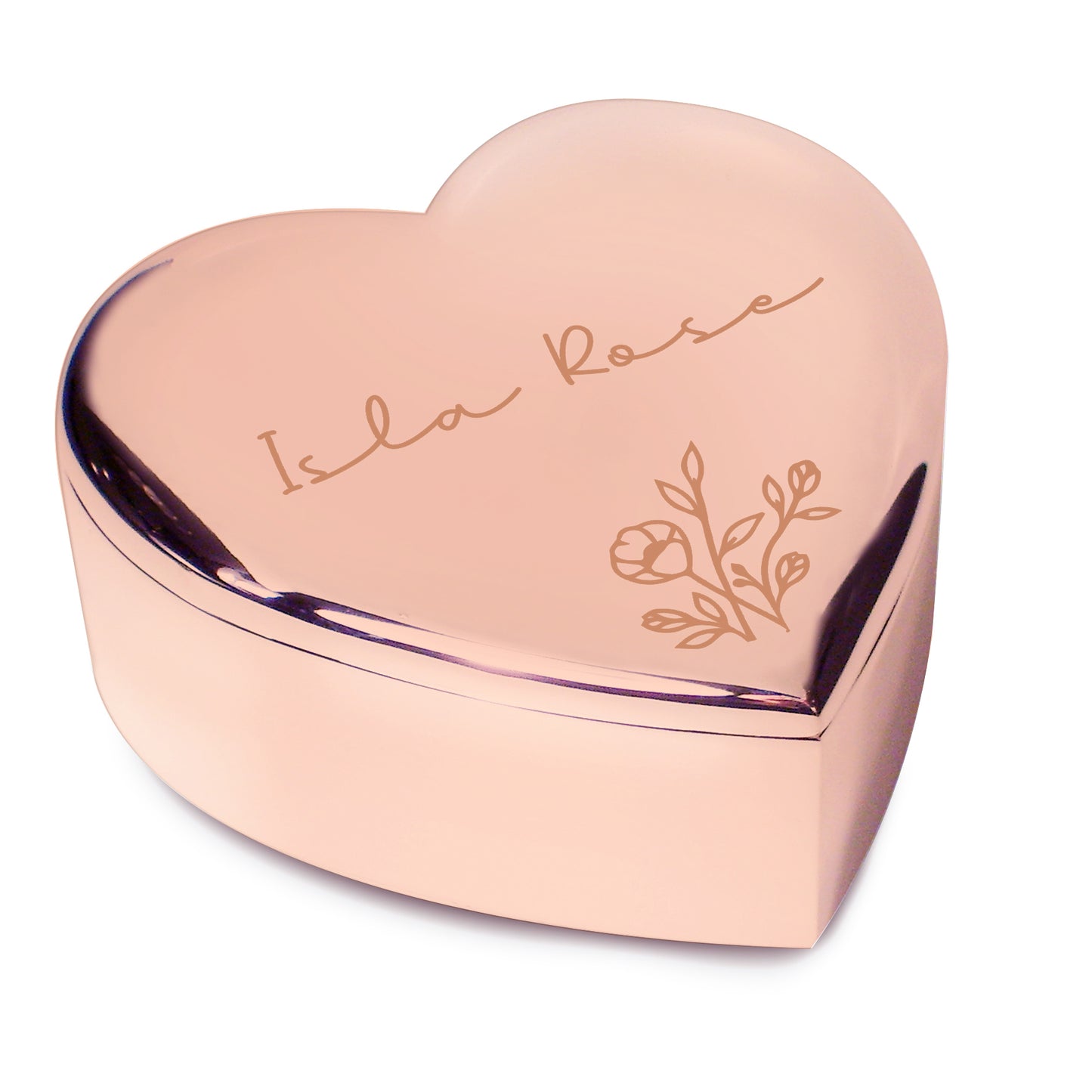 Rose gold heart-shaped trinket box with 'Isla Rose' engraving on a white background