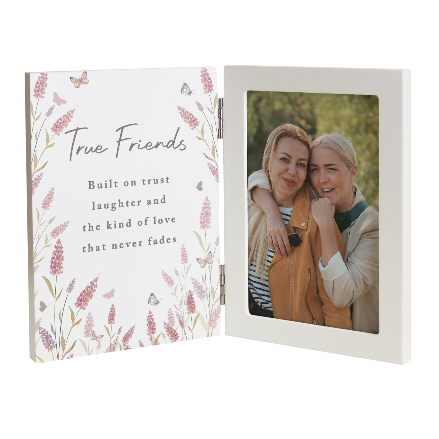 Hinged photo frame with floral design and text 'True Friends' on one side, and a photo of two people on the other.