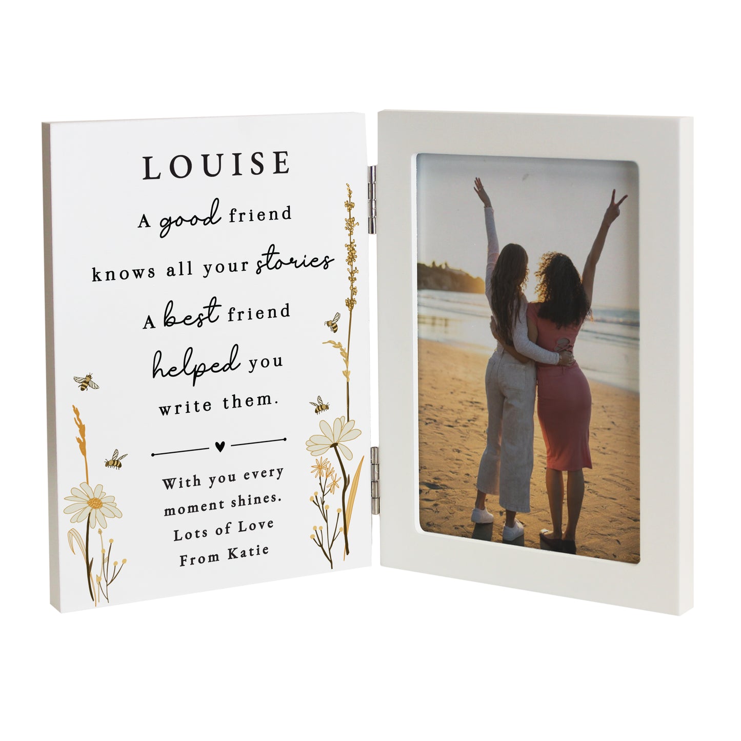 Personalised photo frame with a message and a photo of two people on a beach.