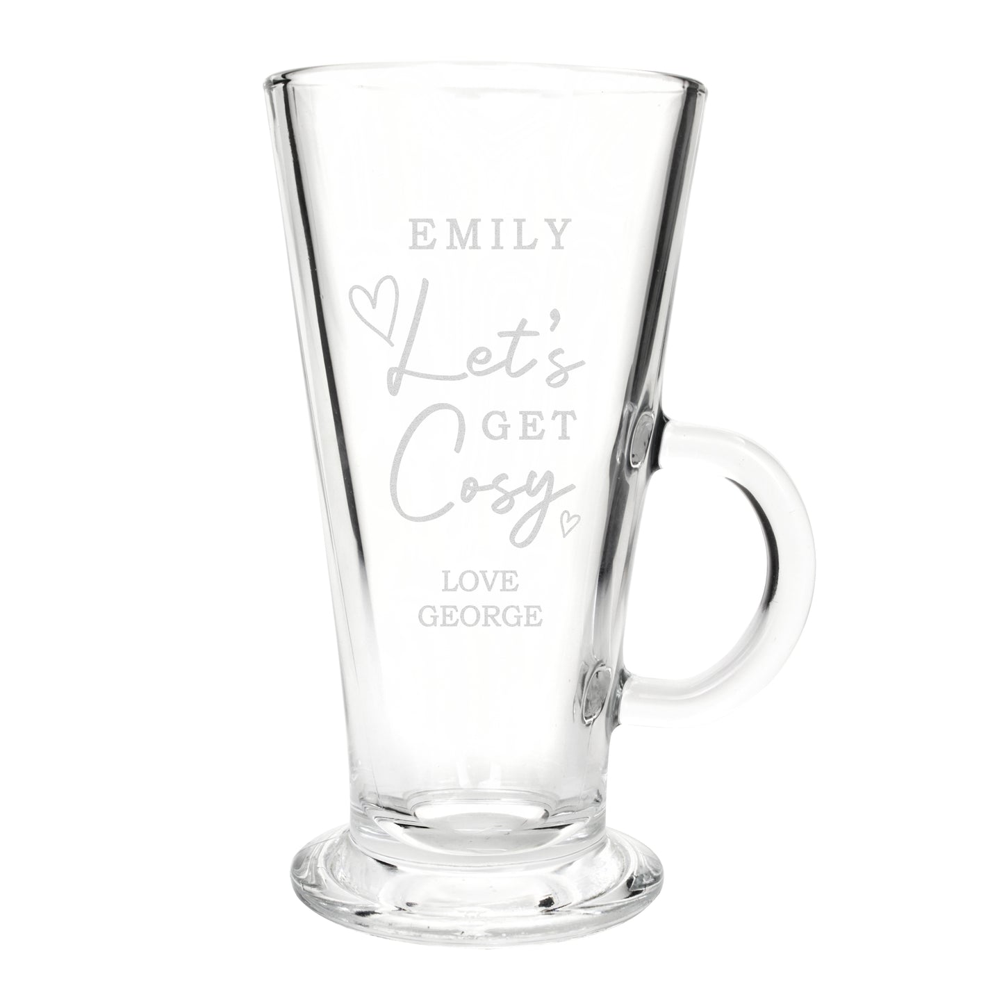 Clear glass mug with engraved text on a white background