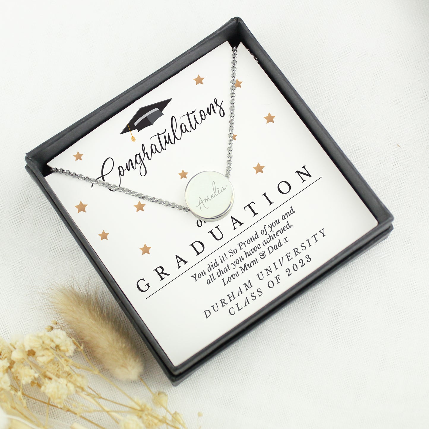 Personalised Graduation Sentiment Silver Tone Necklace & Box