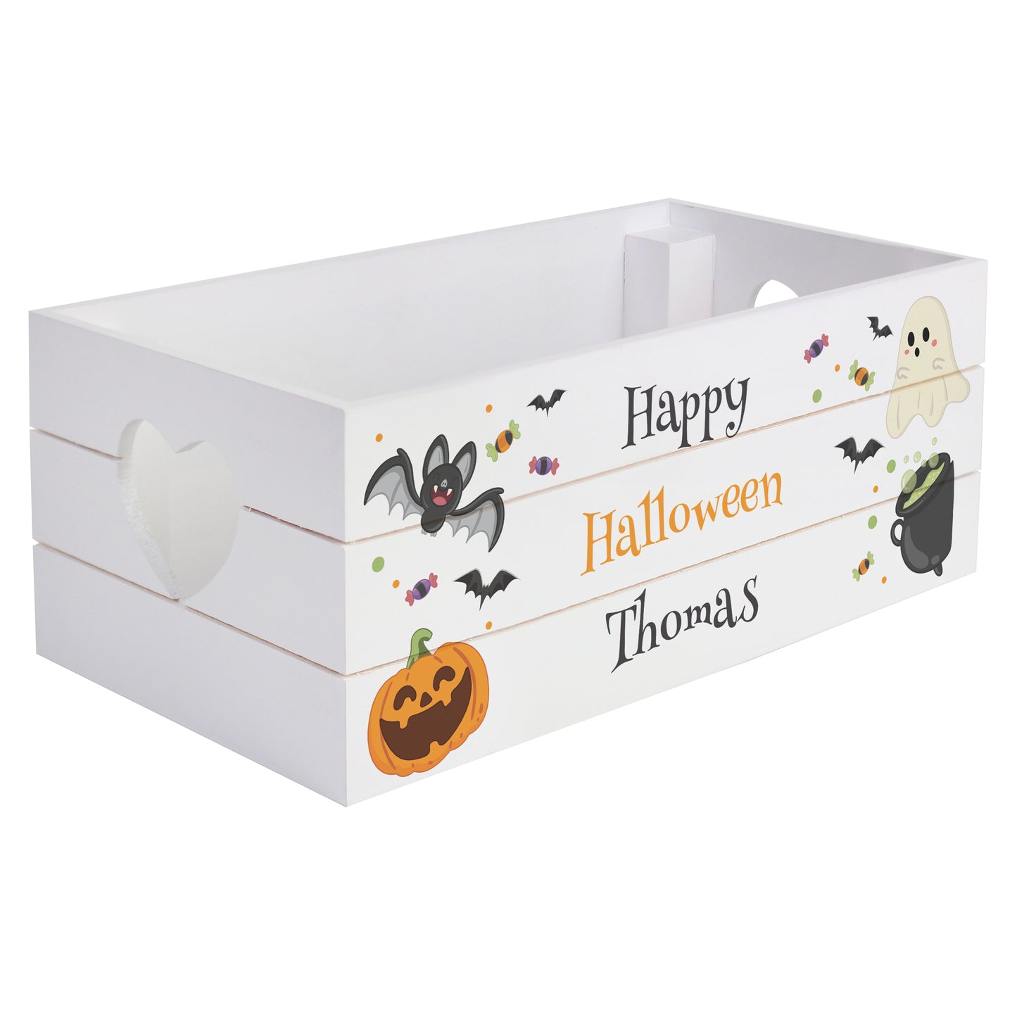 White wooden crate with Halloween-themed decorations and text on a white background