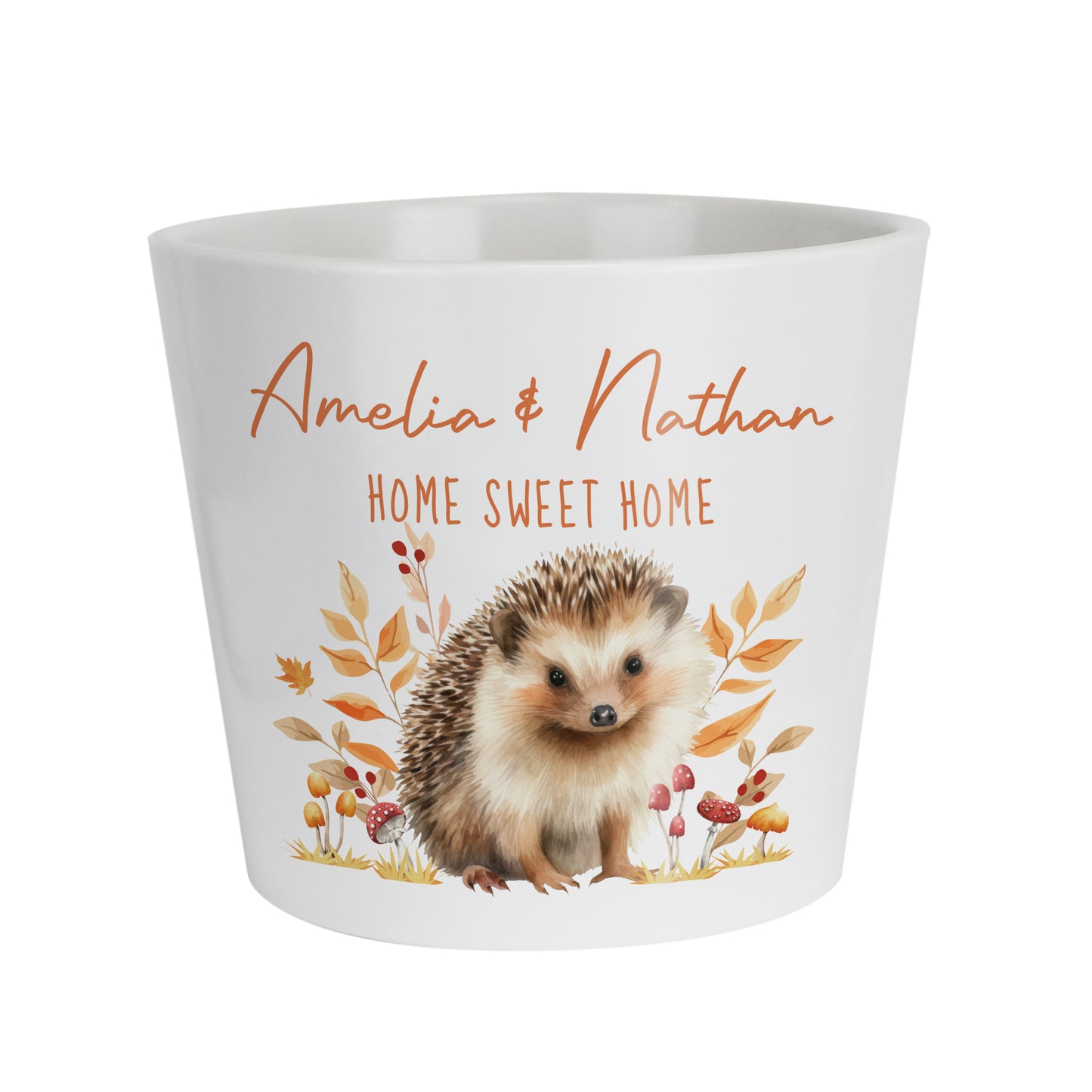 White mug with hedgehog illustration and text 'Amelia & Nathan Home Sweet Home' on a white background