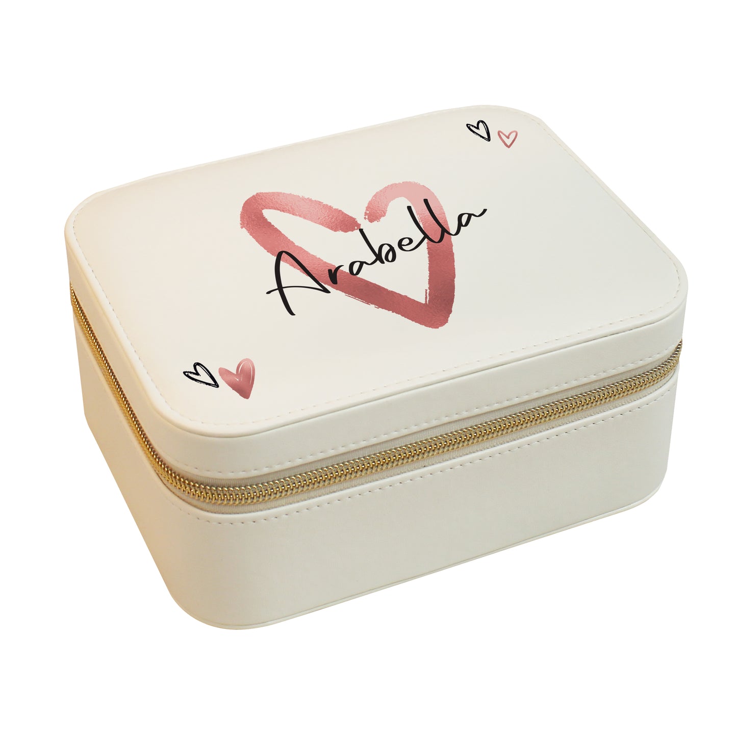 White jewelry box with pink heart and name 'Arabella' on a white background