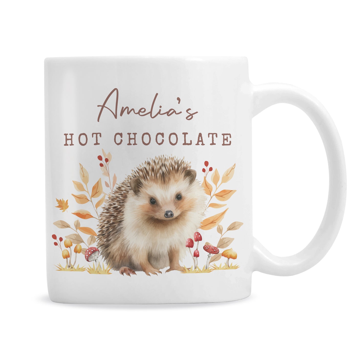 White mug with hedgehog illustration and 'Amelia's Hot Chocolate' text on a white background