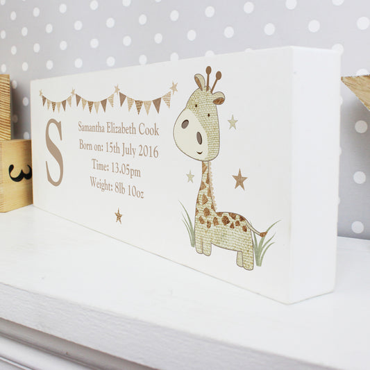 Baby birth announcement plaque with a giraffe illustration on a white background