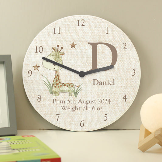 Wooden clock with hessian effect showing cute giraffe and personalisation.