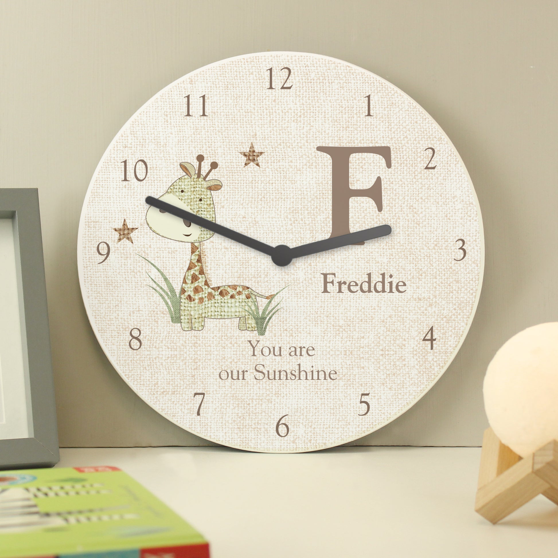 Wooden clock with Freddie and You Are My Sunshine text, Hessian cute giraffe image,