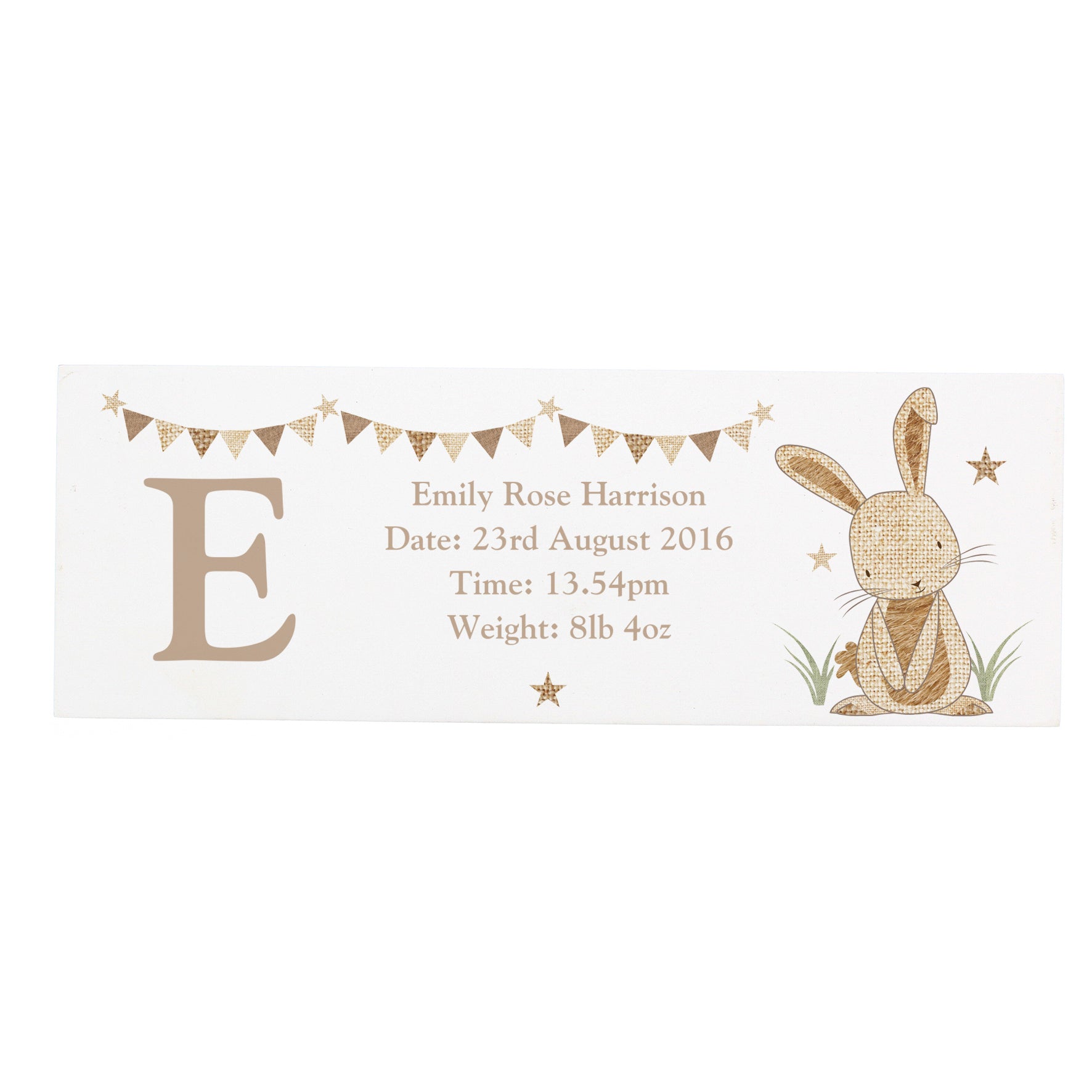 Personalised decorative block showing birth announcement details on a white background.