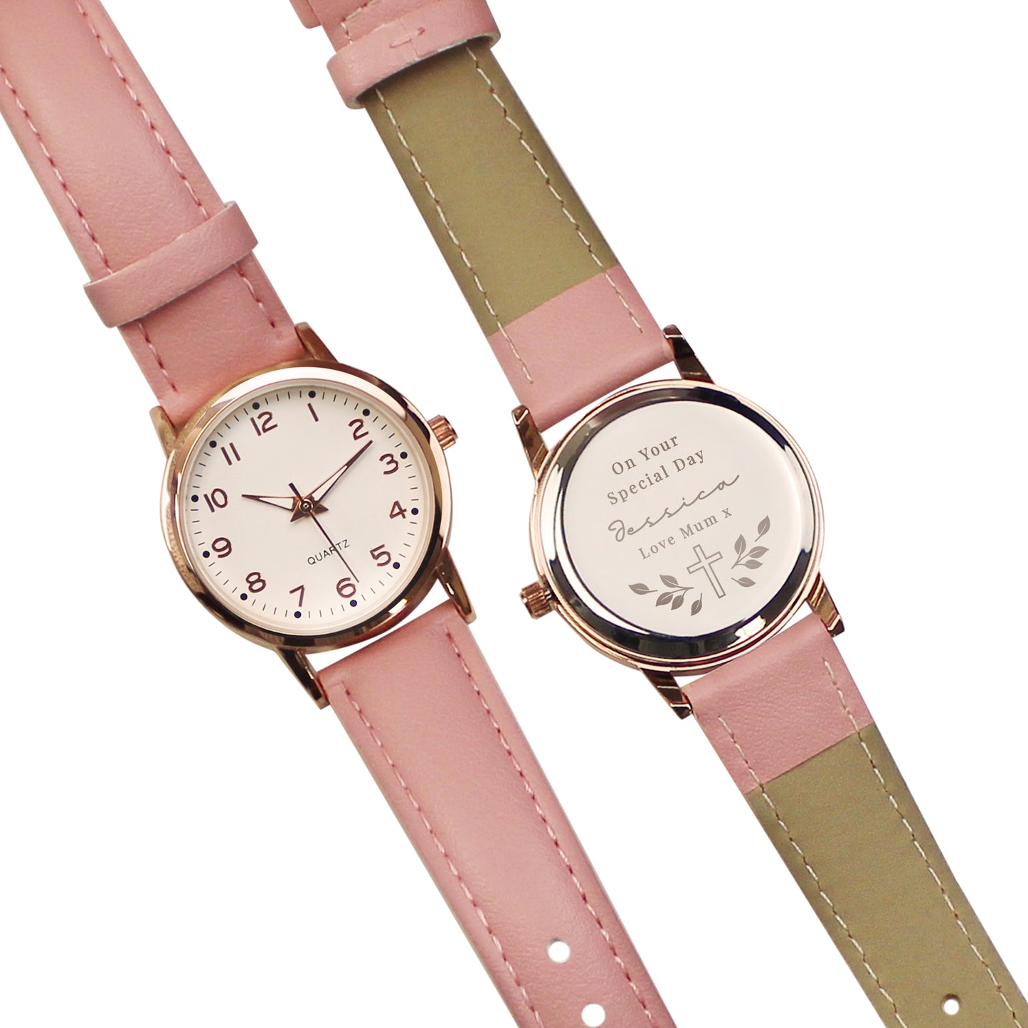 Two watches with pink and green straps on a white background