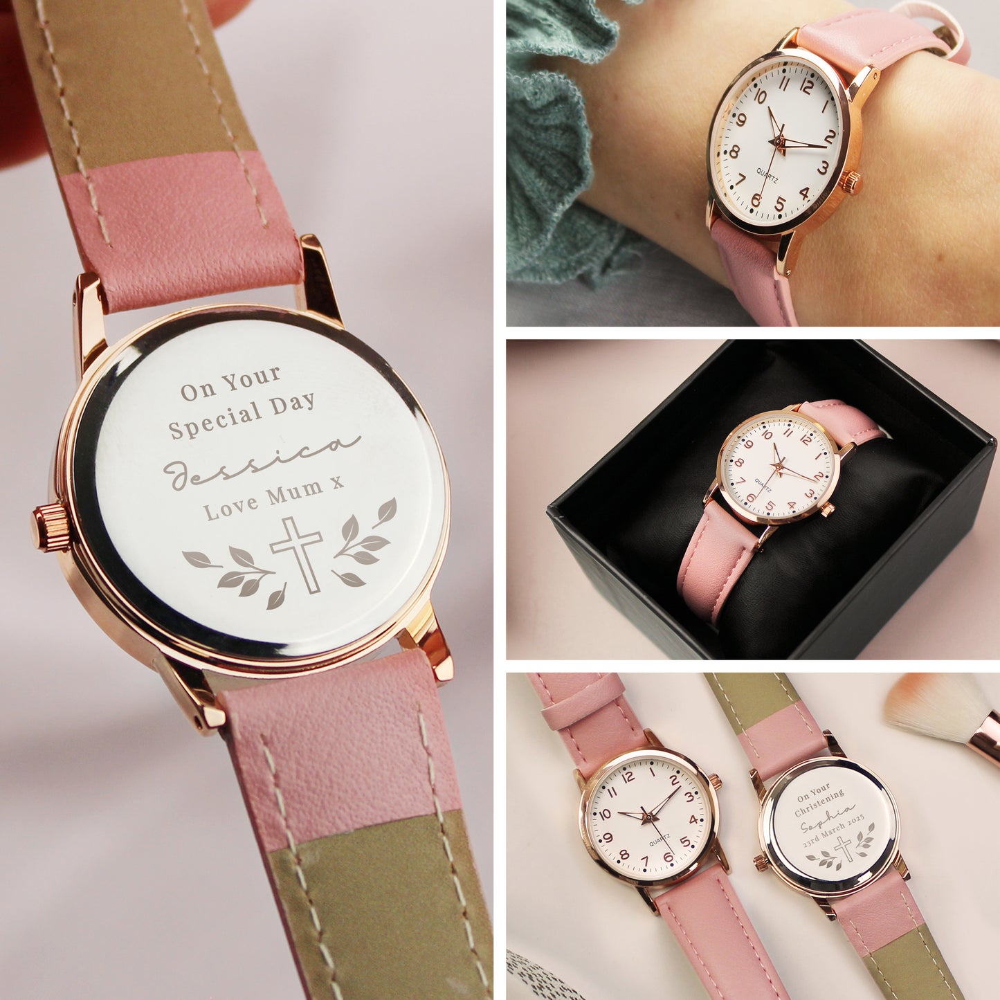 Collage of a watch with a pink strap and personalised message on a white background