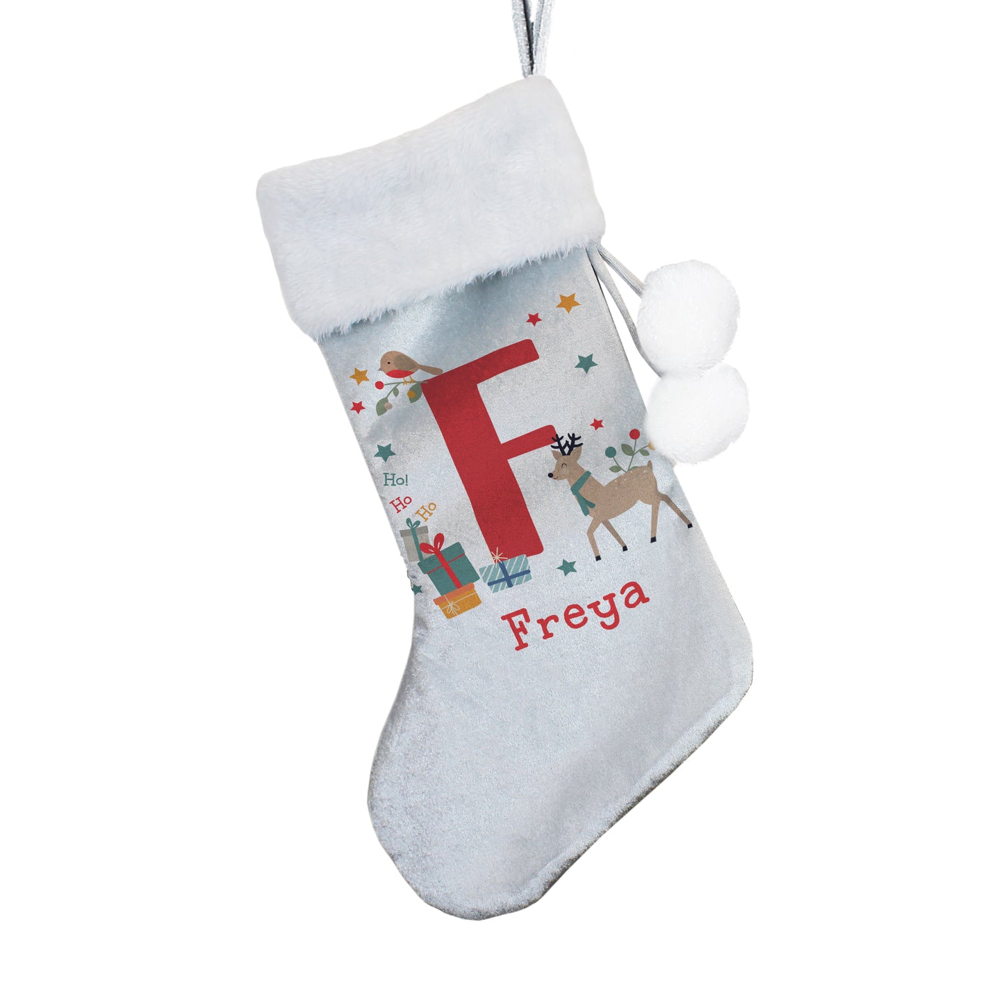 Personalised Christmas stocking with letter 'F' and name 'Freya', on a white background