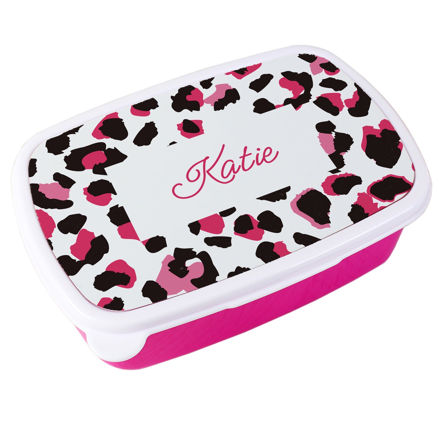Rectangular container with pink and black leopard print pattern and 'Katie' text on a white background