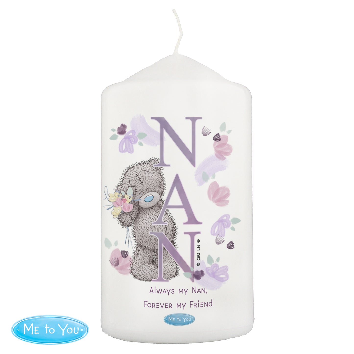 Candle with teddy bear design and 'NAN' text on a white background