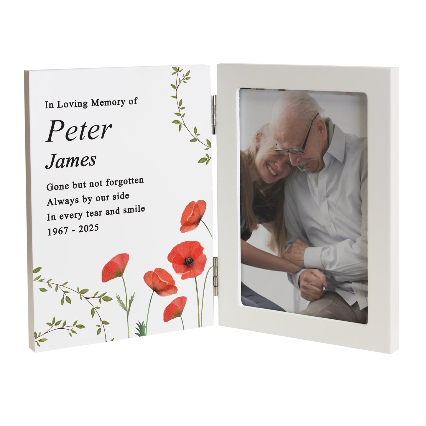 Memorial photo frame with text and poppies on one side and a photo of an elderly couple on the other.