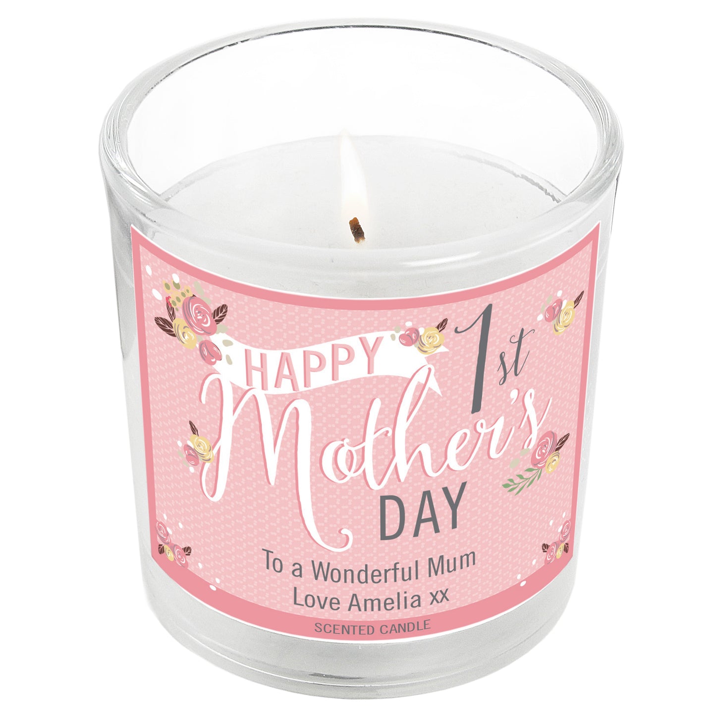 Personalised 1st Mother's Day Scented Candle shown alight.