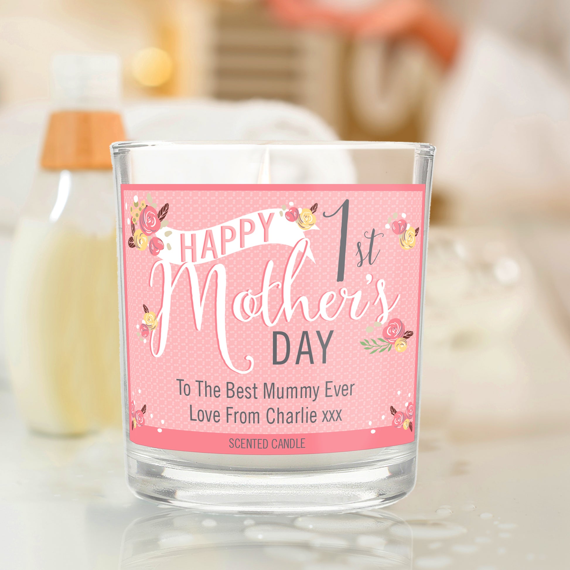 Personalised 1st Mother's Day Candle showing personalised message.