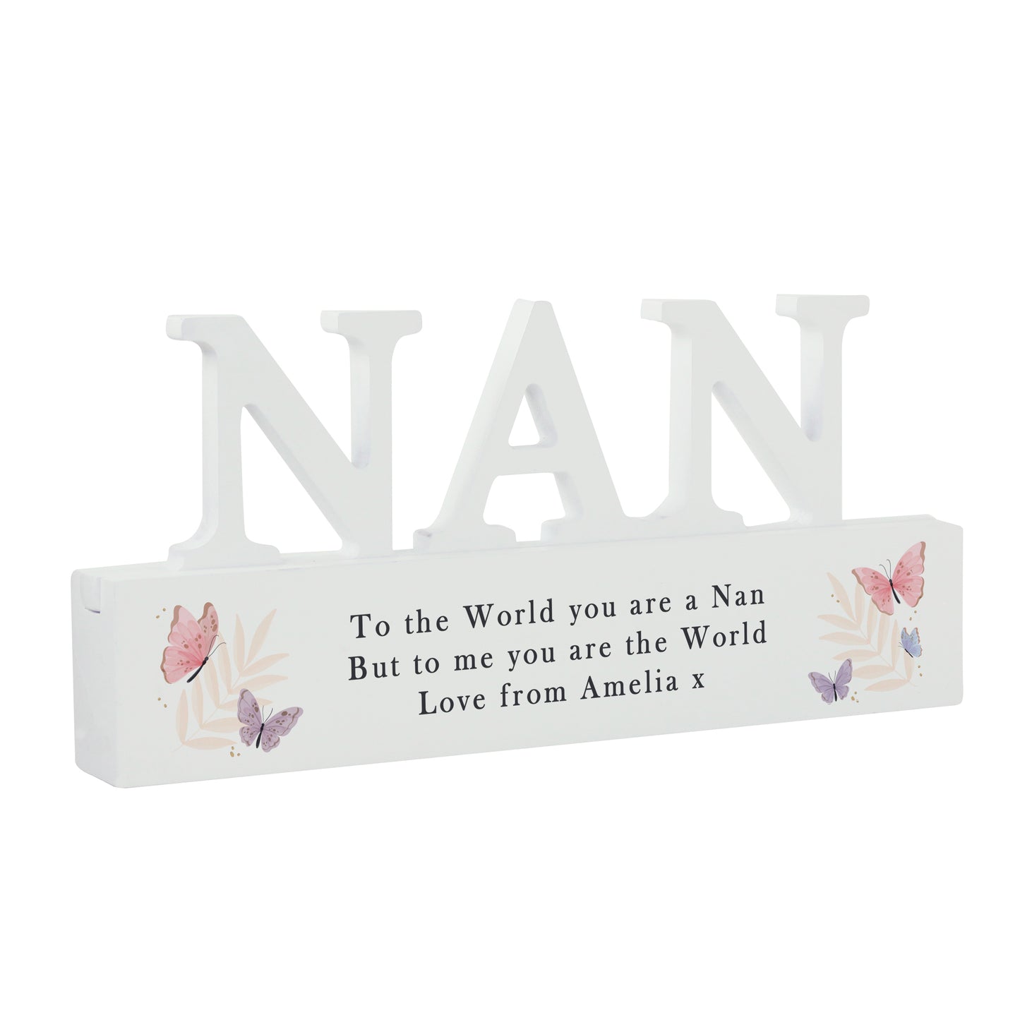 Decorative sign with 'NAN' and a message on a white background