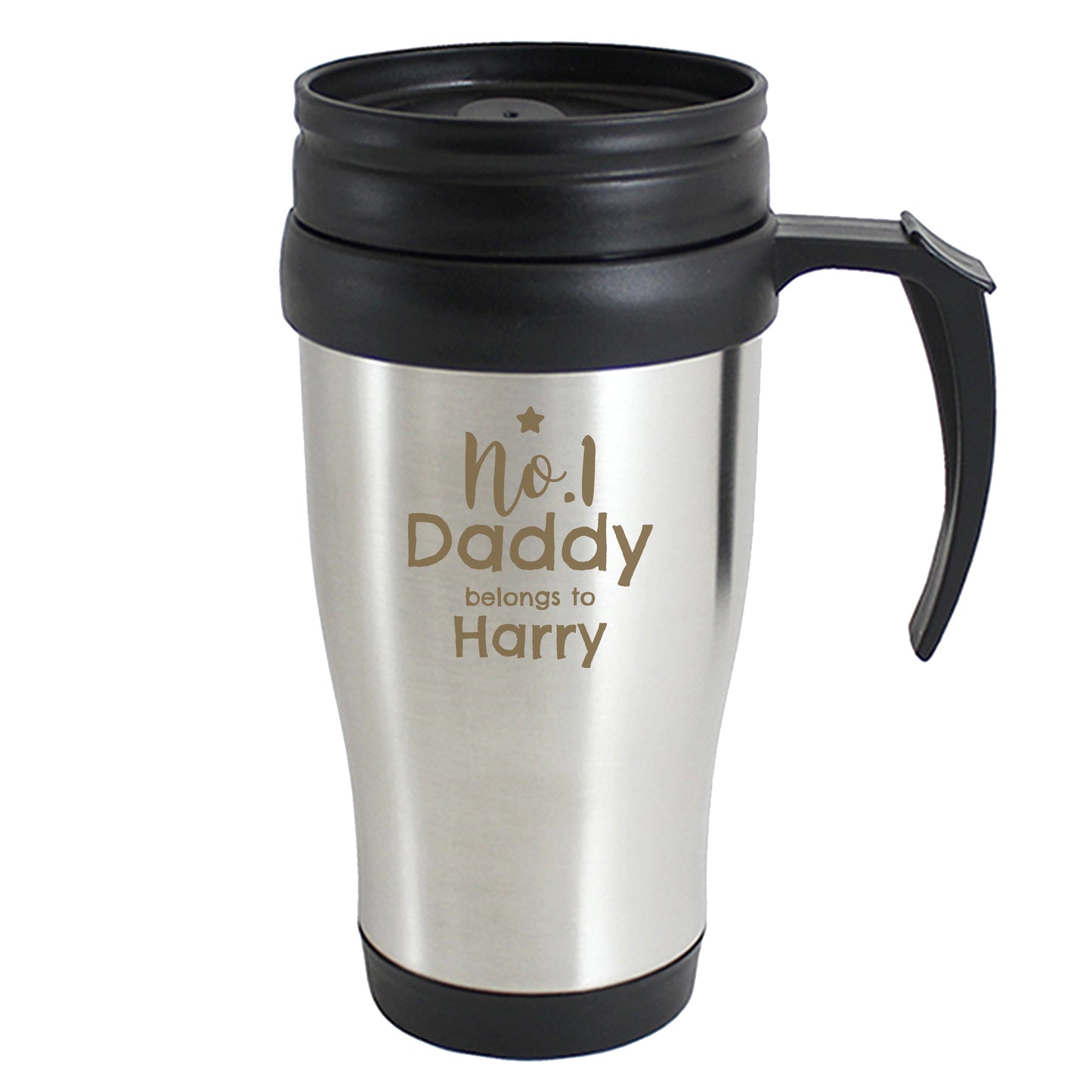 Stainless steel travel mug with black handle and lid, engraved with 'Dad of the Year 2023 Michael'.