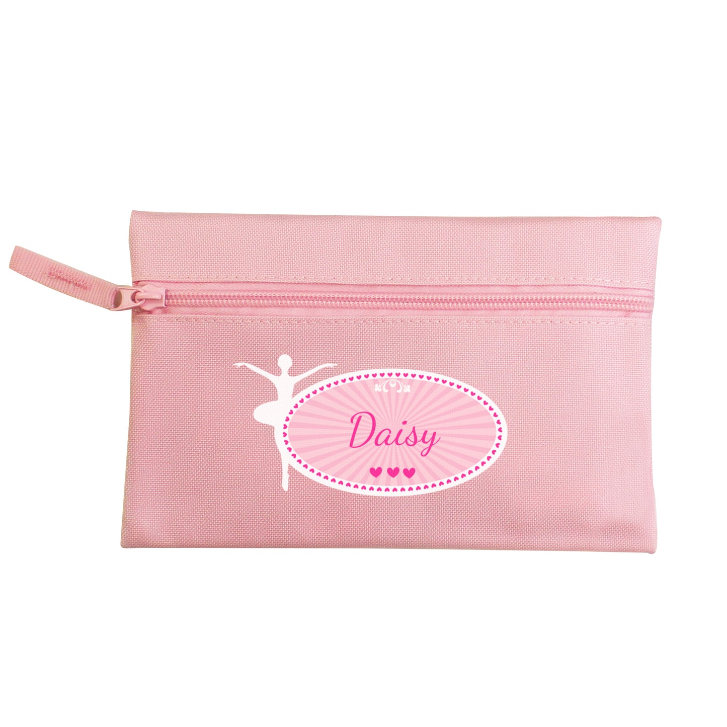Pink pouch with a ballet dancer design and 'Daisy' text on a white background