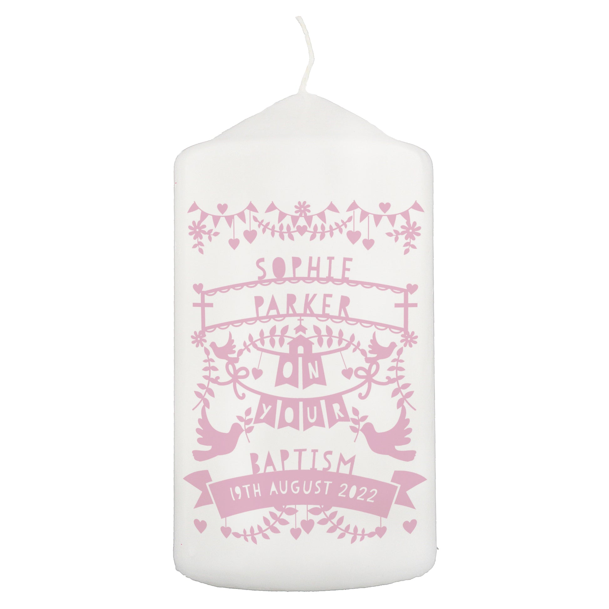 White candle with pink personalised text on a white background