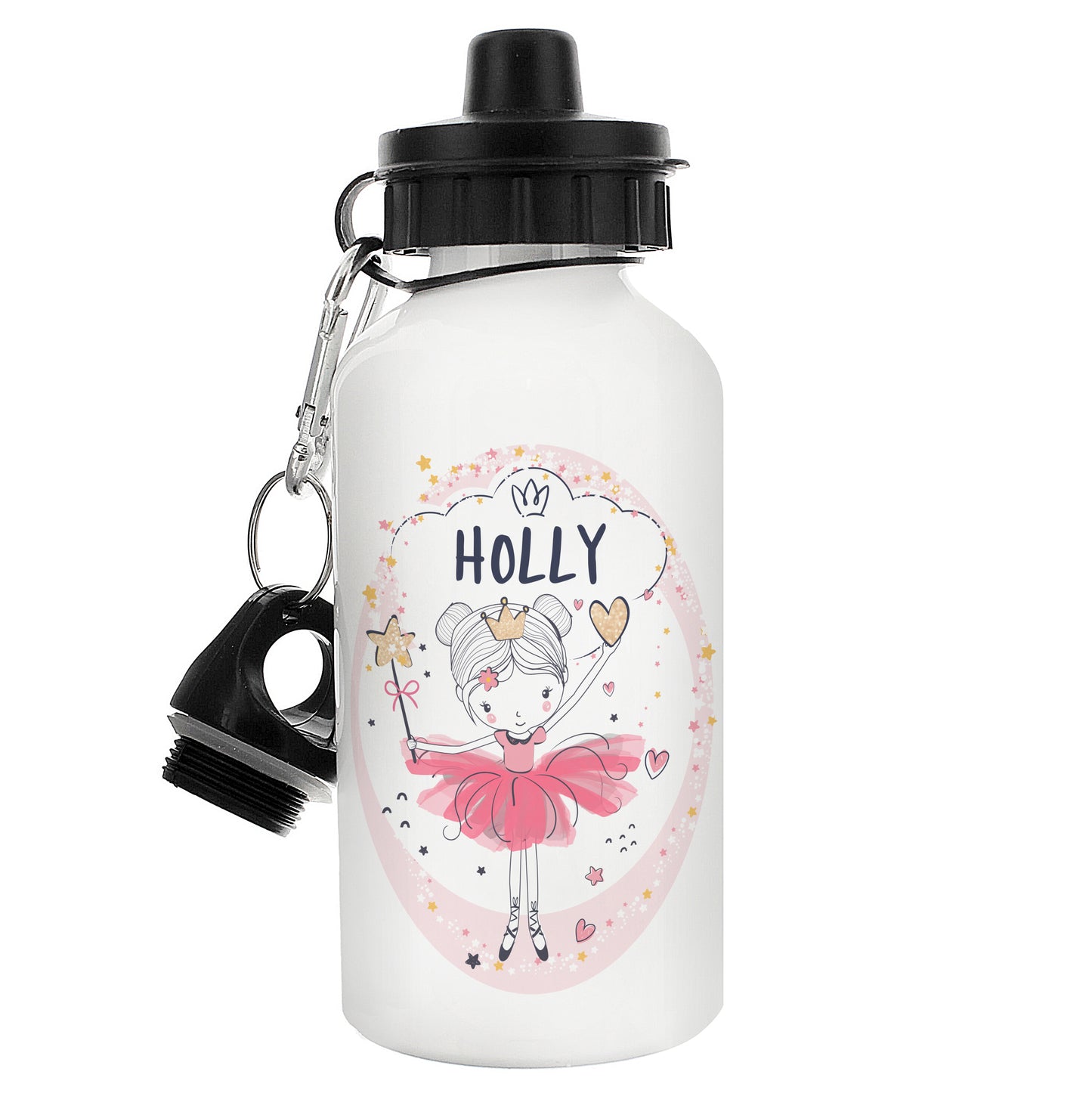White water bottle with a cartoon character and 'Holly' text on a white background