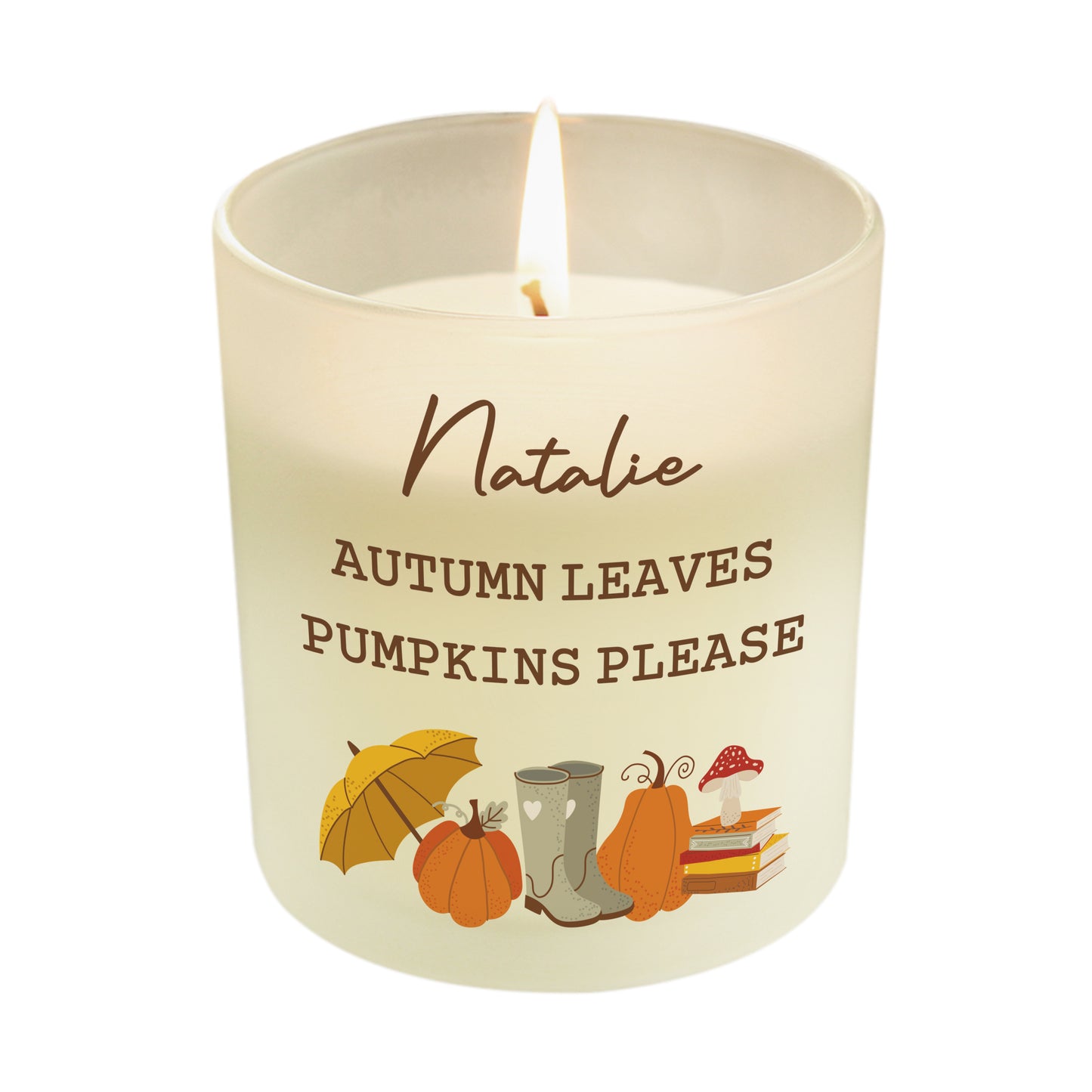 Candle with 'Natalie Autumn Leaves Pumpkins Please' text and autumn-themed illustrations on a white background