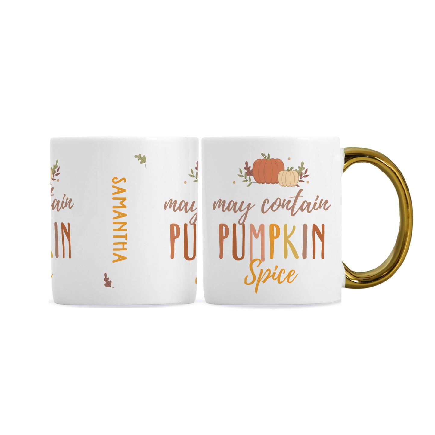 Two white mugs with pumpkin-themed designs and text on a white background