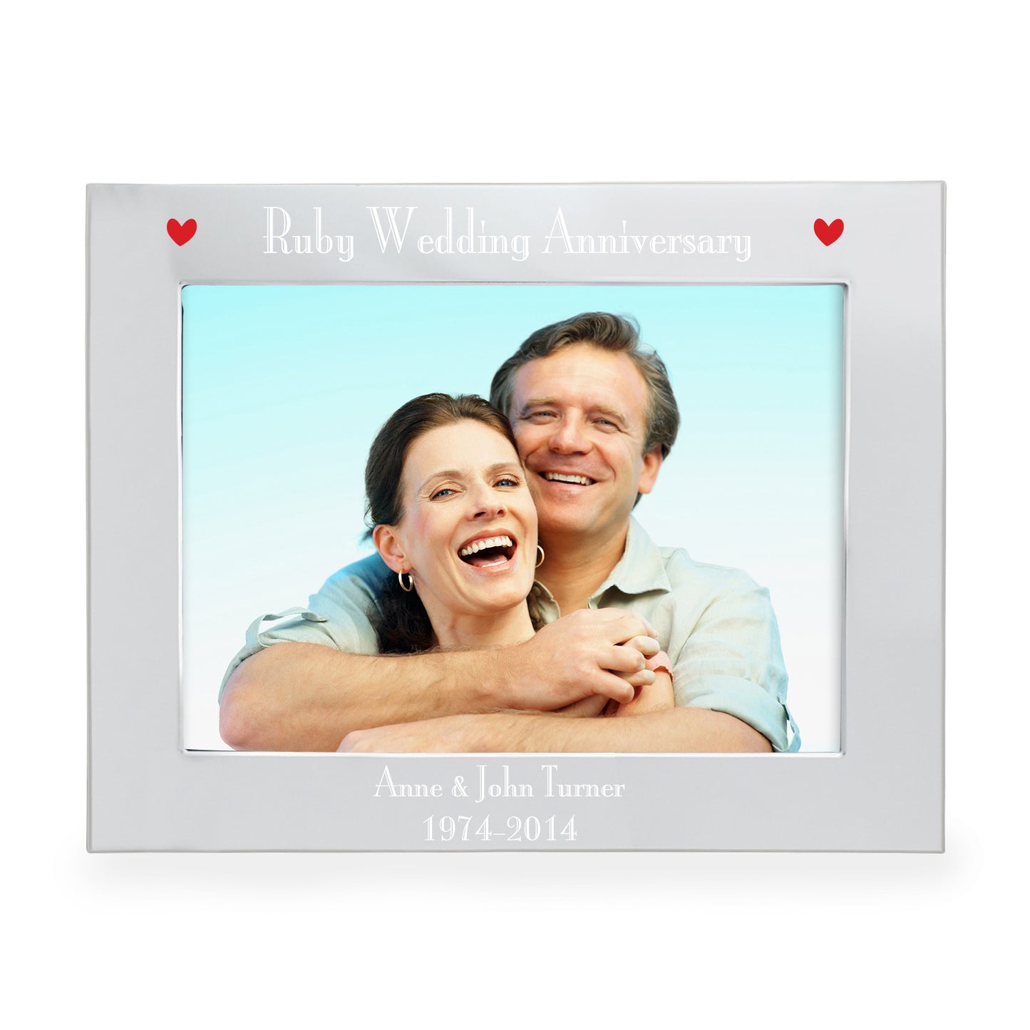 Silver frame with 'Ruby Wedding Anniversary' text and hearts, displaying a couple hugging.