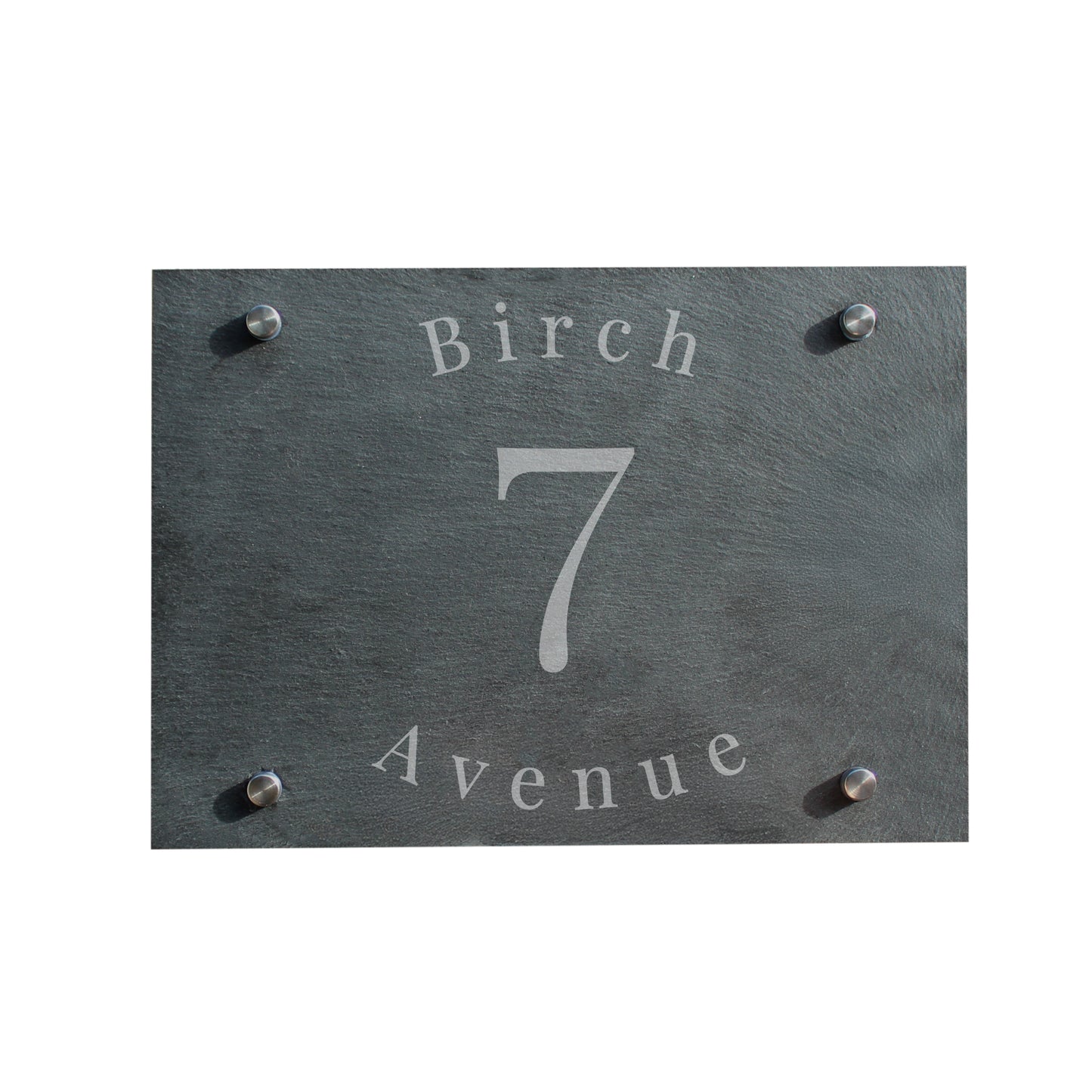 Slate house number sign with '7 Birch Avenue ' engraved on a white background