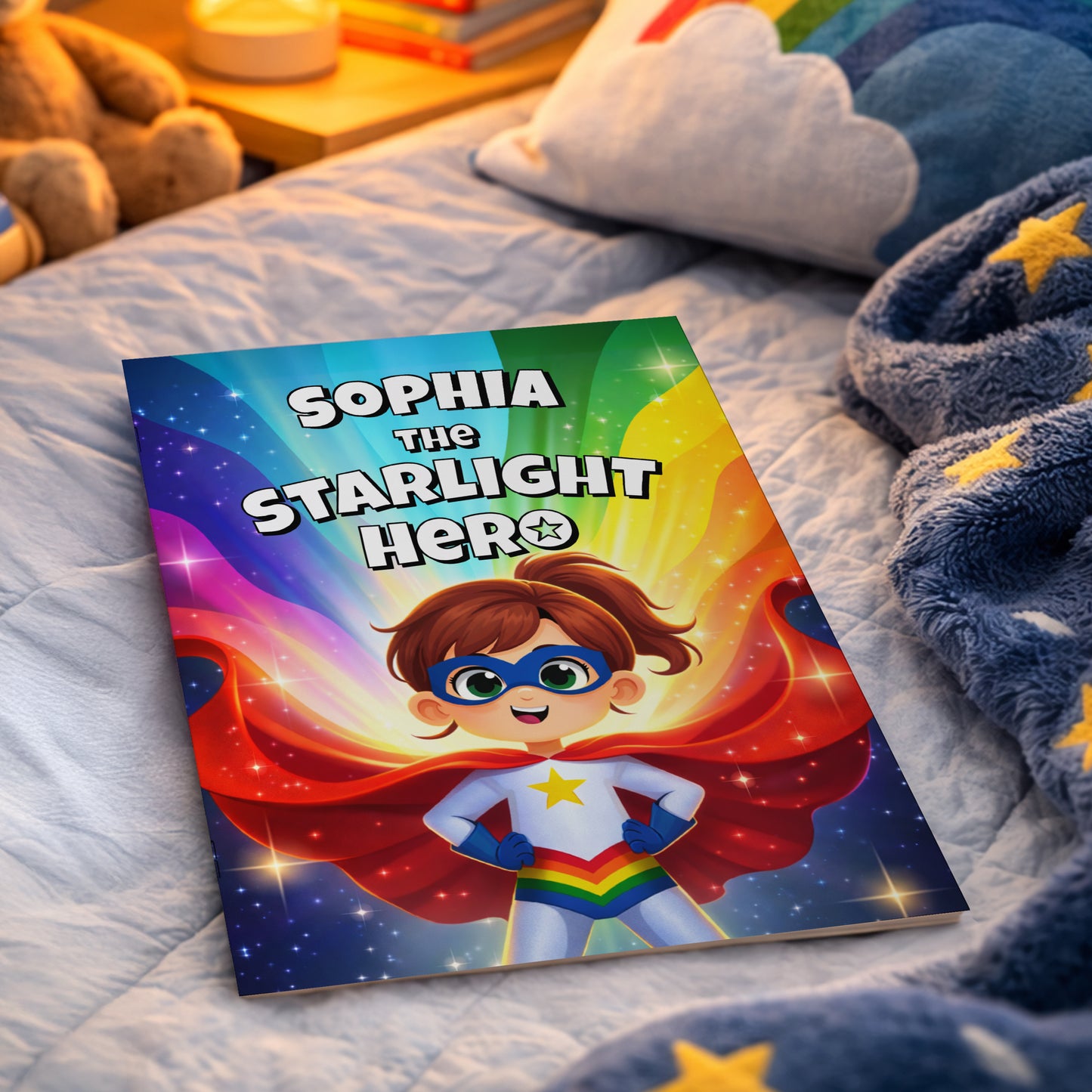 Children's book titled 'SOPHIA the STARLIGHT HER' on a bed with a colorful cover featuring a superhero character.