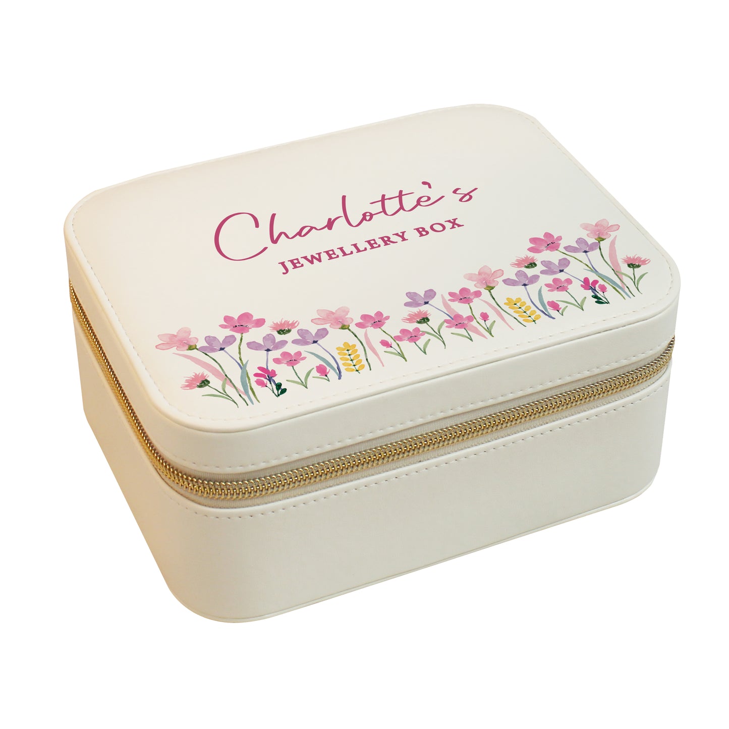 Jewellery box with floral design and 'Charlotte's Jewellery Box' text on a white background