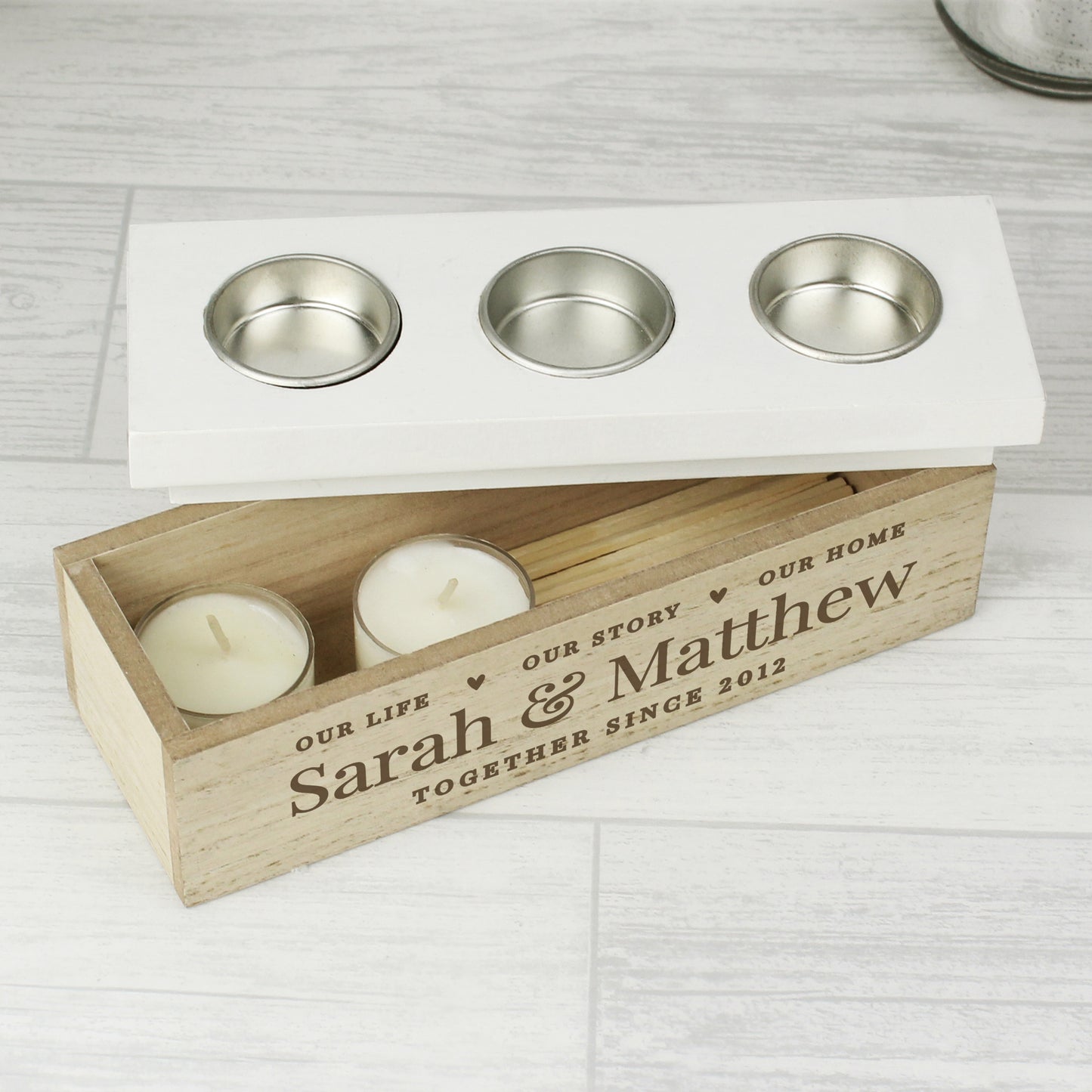 Personalised Our Story Triple Tea Light Box