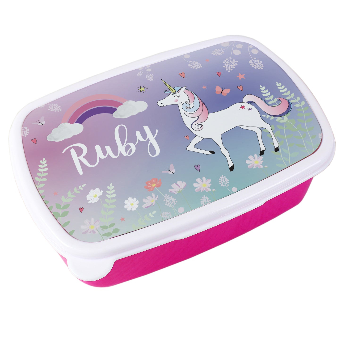 lunch box with unicorn design and 'Ruby' text