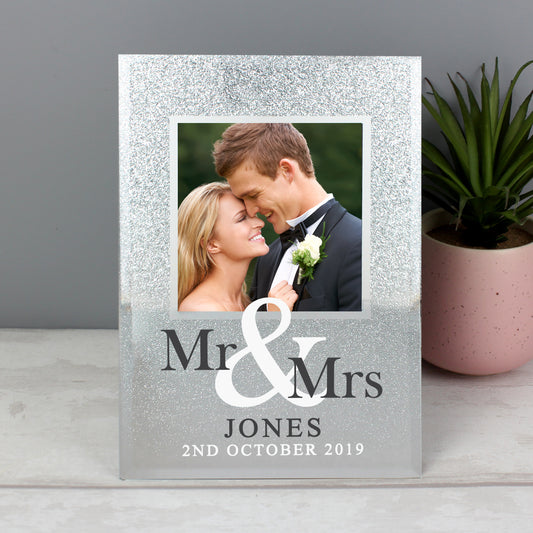 Personalised - Mr & Mrs 4x4 Glitter Glass Photo Frame