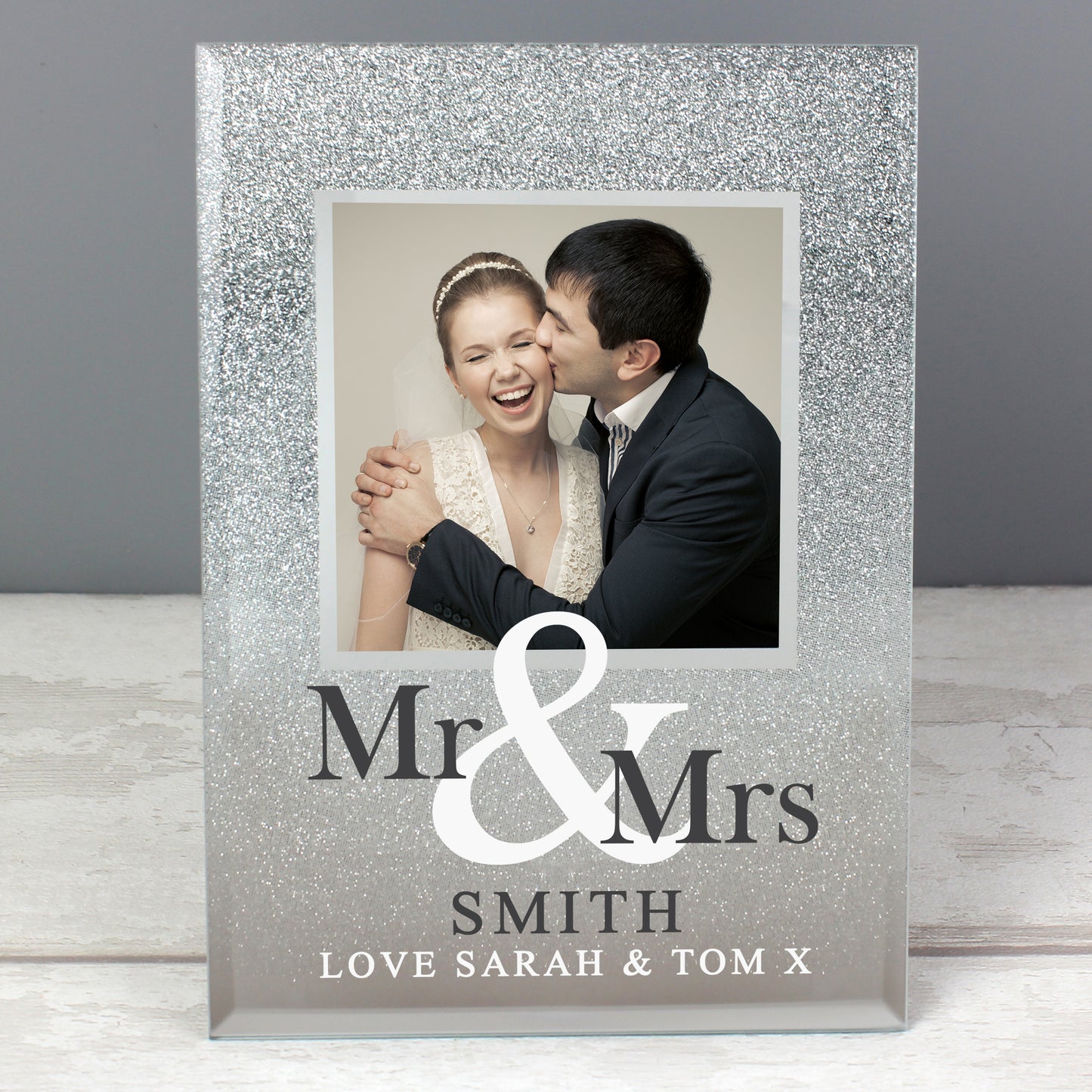 Personalised Mr & Mrs 4x4 Glitter Glass Photo Frame