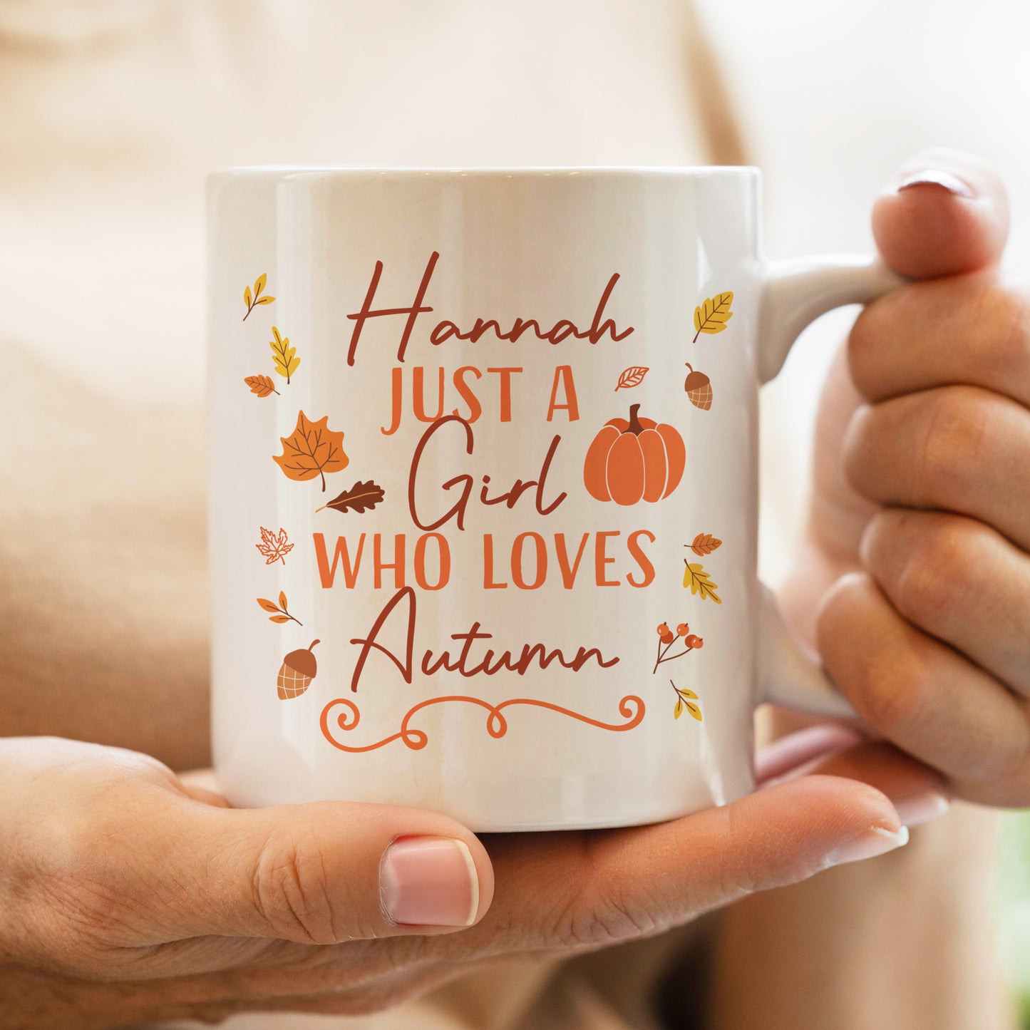 White personalised mug with autumn-themed text and design